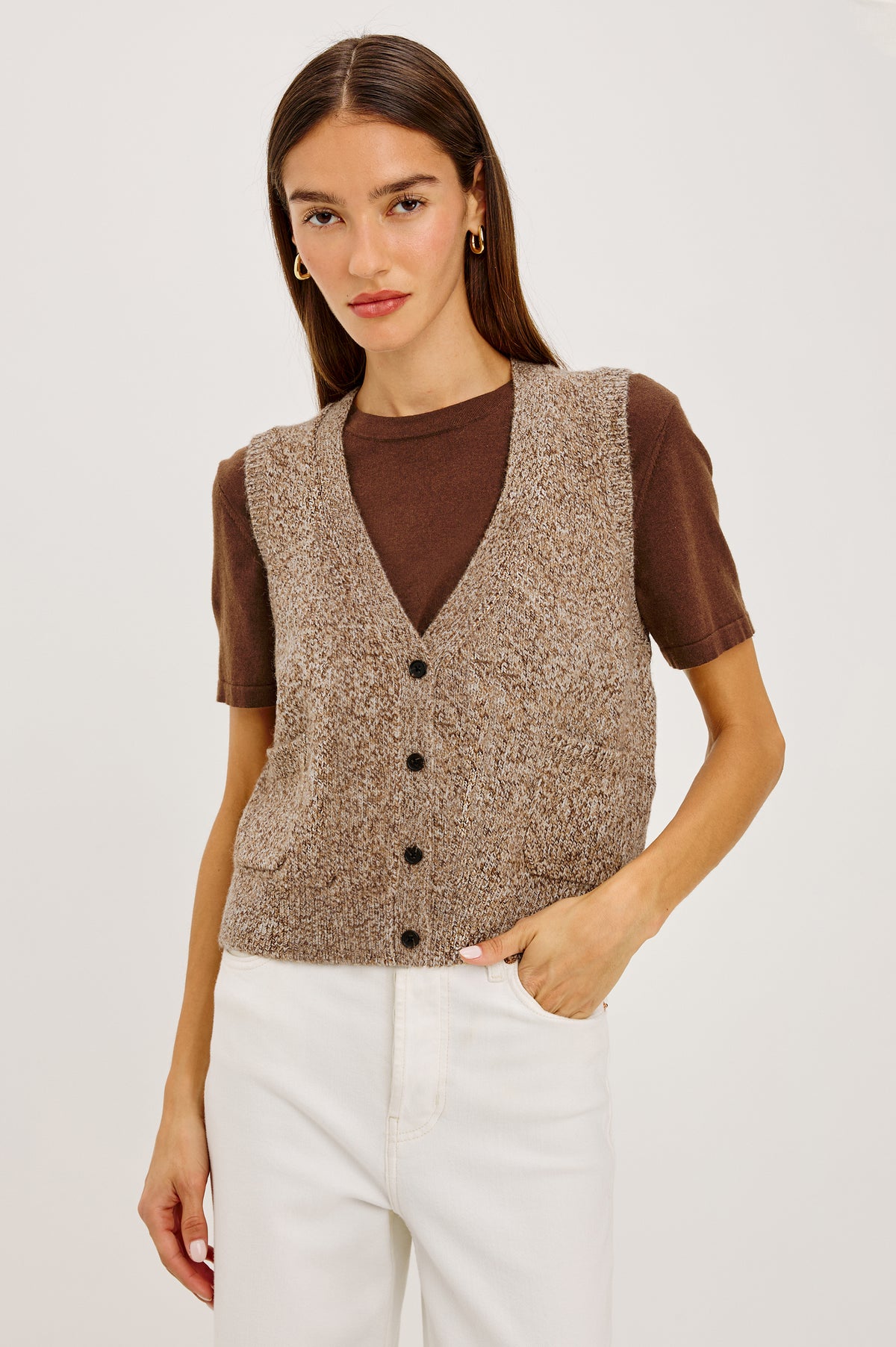 Kasmir Sleeveless Vest in Recycled Poly Knit Blend With V-Neckline, Front Buttons, and Front Patch Pockets in Brown Melanga Colorway - Upper Body Front View Featured on Model
