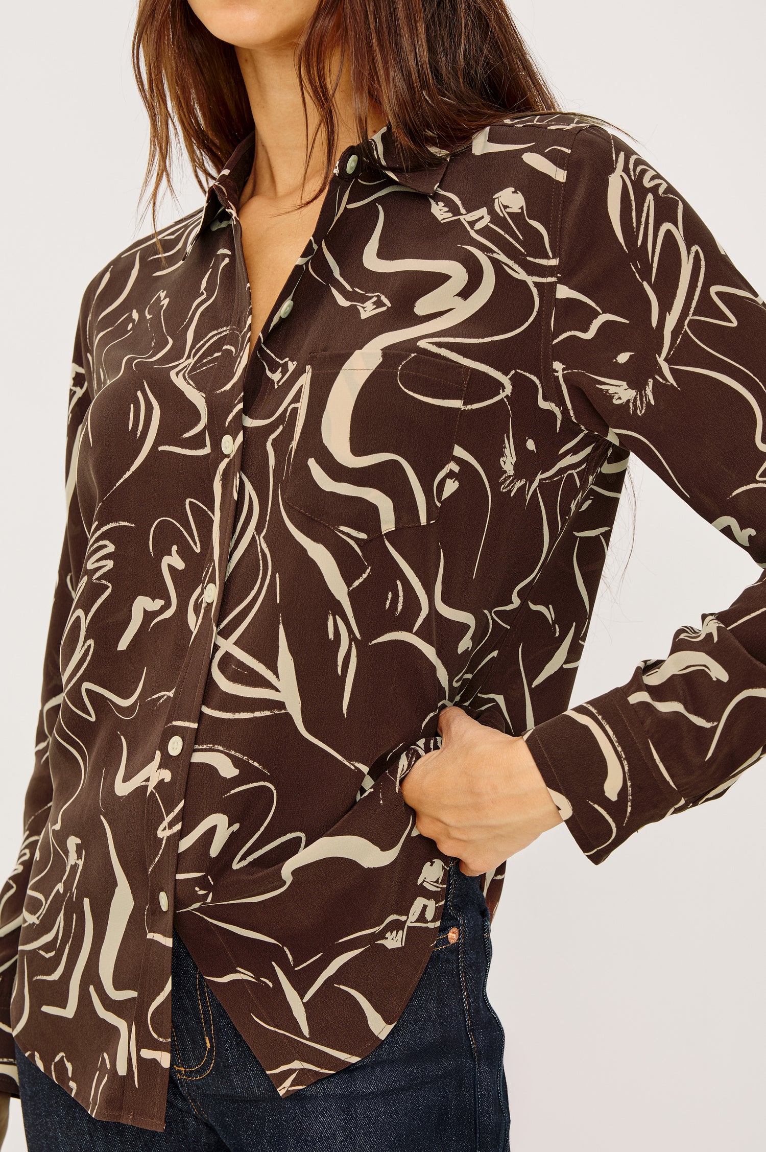 Kate Button-Up Collared Shirt in Washed Silk With Front Buttons, Long Sleeves, and Chest Patch Pocket in Brown Colt Colorway - Upper Body Close Up Front View Featured on Model