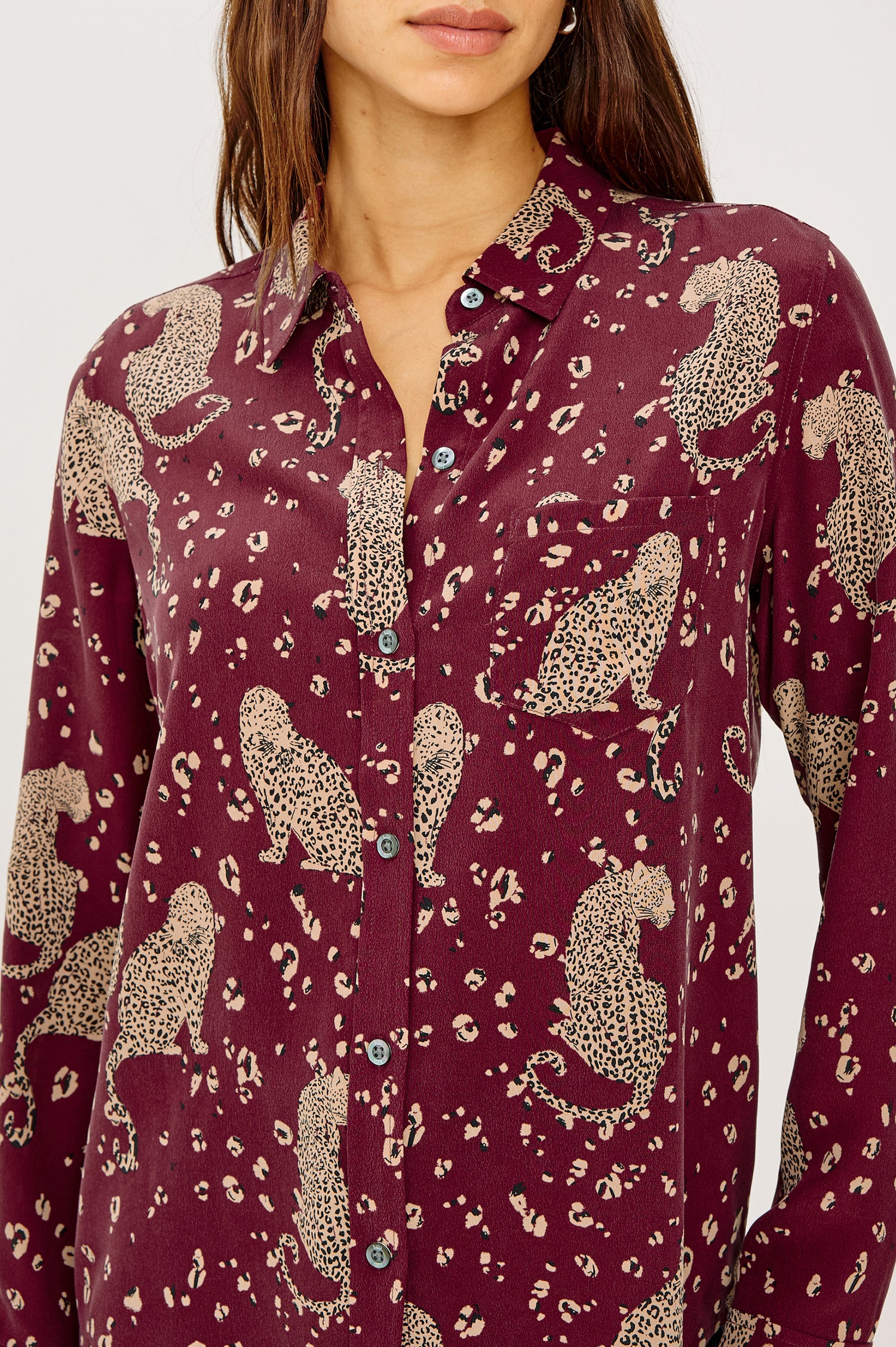 Kate Button-Up Collared Shirt in Washed Silk With Front Buttons, Long Sleeves, and Chest Patch Pocket in Oxblood Leopard Colorway - Upper Body Close Up Front View Featured on Model