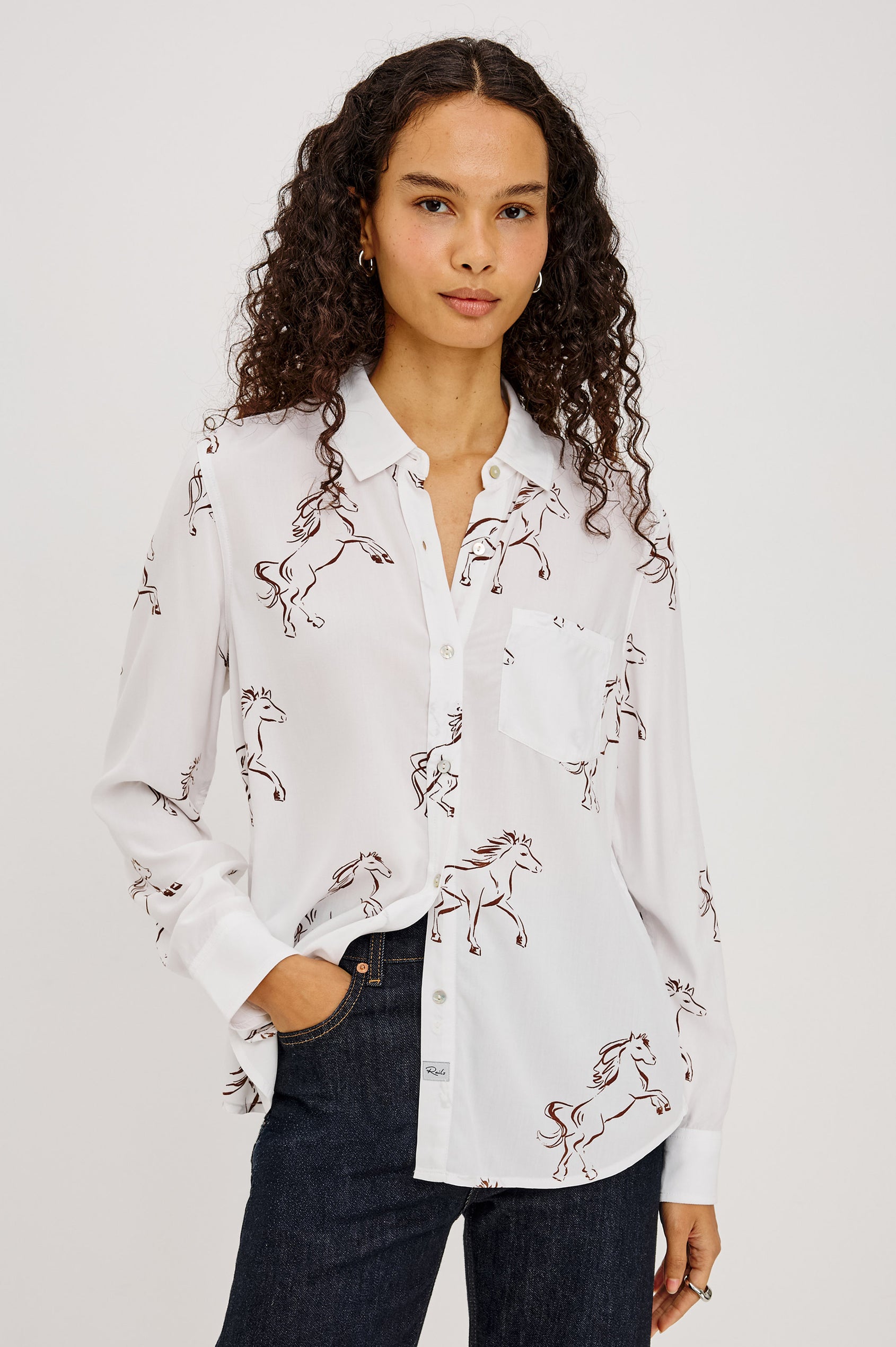 Kathryn Shirt Button-Up in Relaxed Fit, Long Sleeves, With Classic Collar and Single Chest Pocket in Brown Stallion Colorway - Upper Body Front View Featured on Model