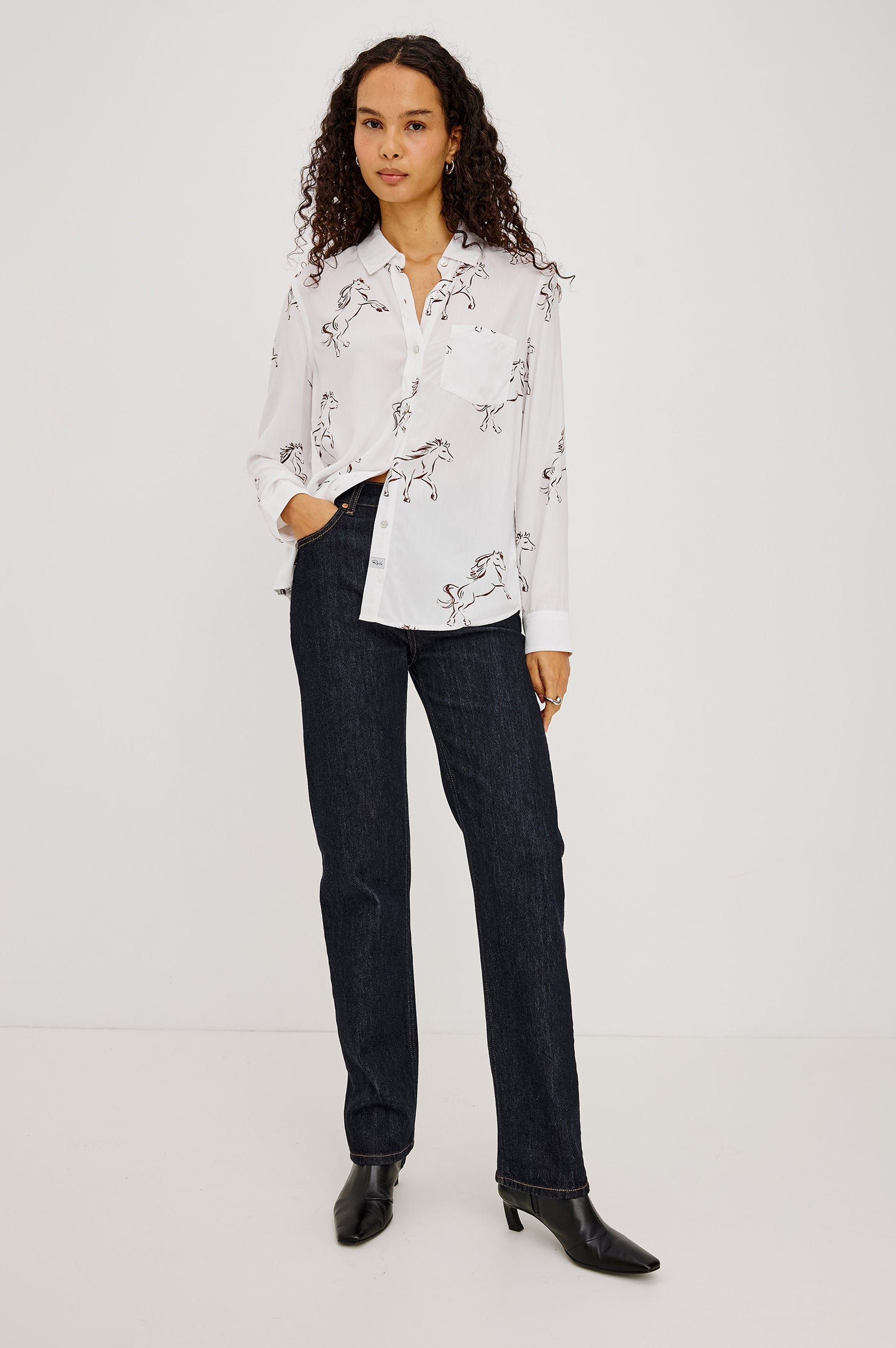 Kathryn Shirt Button-Up in Relaxed Fit, Long Sleeves, With Classic Collar and Single Chest Pocket in Brown Stallion Colorway - Full Body Front View Featured on Model