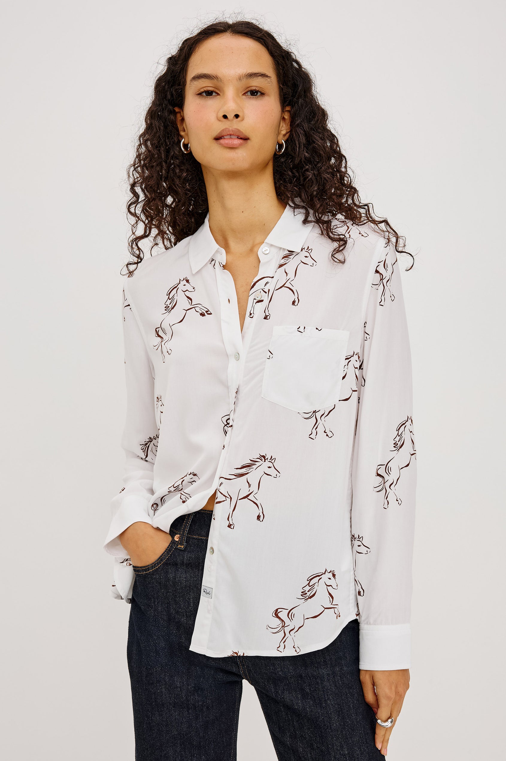 Kathryn Shirt Button-Up in Relaxed Fit, Long Sleeves, With Classic Collar and Single Chest Pocket in Brown Stallion Colorway - Upper Body Front View Featured on Model