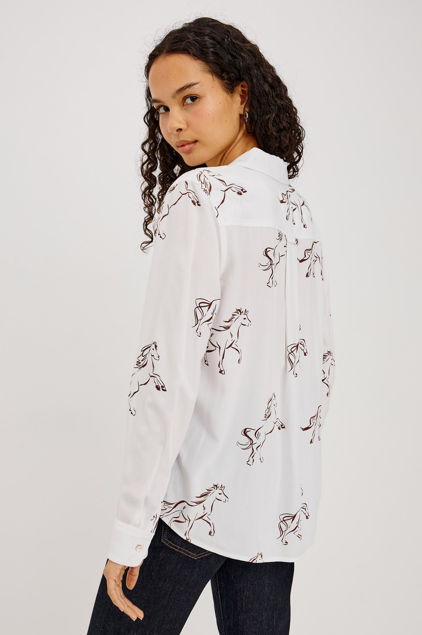 Kathryn Shirt Button-Up in Relaxed Fit, Long Sleeves, With Classic Collar and Single Chest Pocket in Brown Stallion Colorway - Upper Body Back View Featured on Model