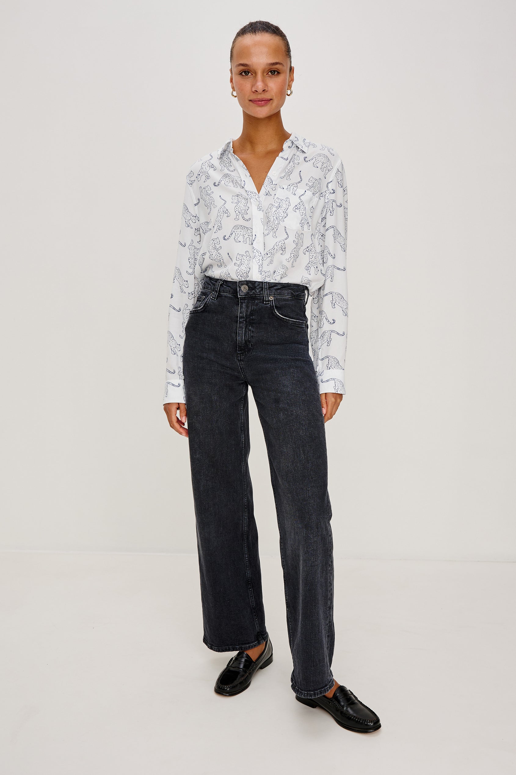 Kathryn Long-Sleeve Button up with a Chest Patch Pocket in Cobalt Jaguar Colorway, with lightly sketched jaguar pattern - Full Body Front View on Model, Shirt Tucked In