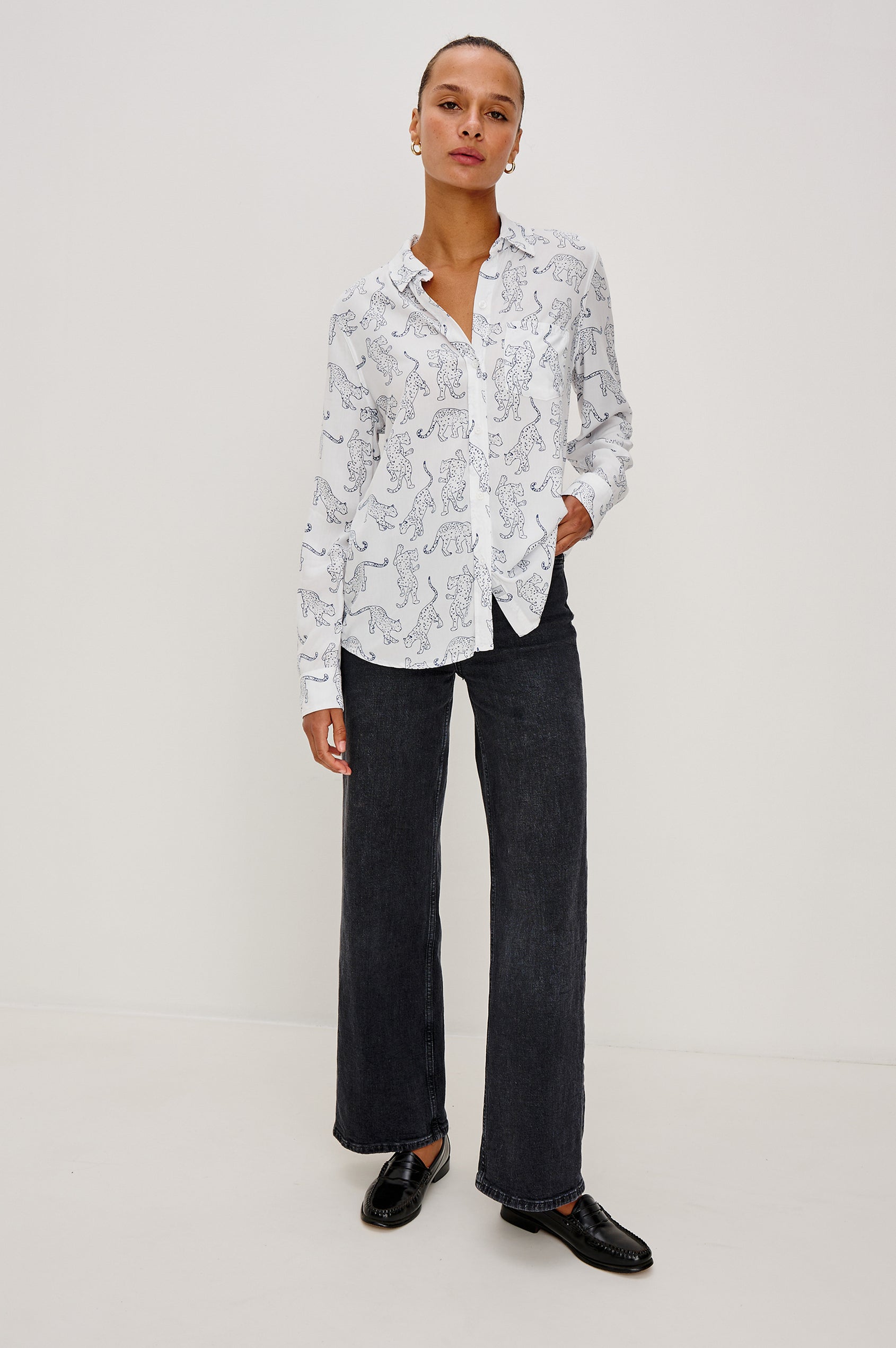 Kathryn Long-Sleeve Button up with a Chest Patch Pocket in Cobalt Jaguar Colorway, with lightly sketched jaguar pattern - Full body Front View on Model, Shirt Untucked