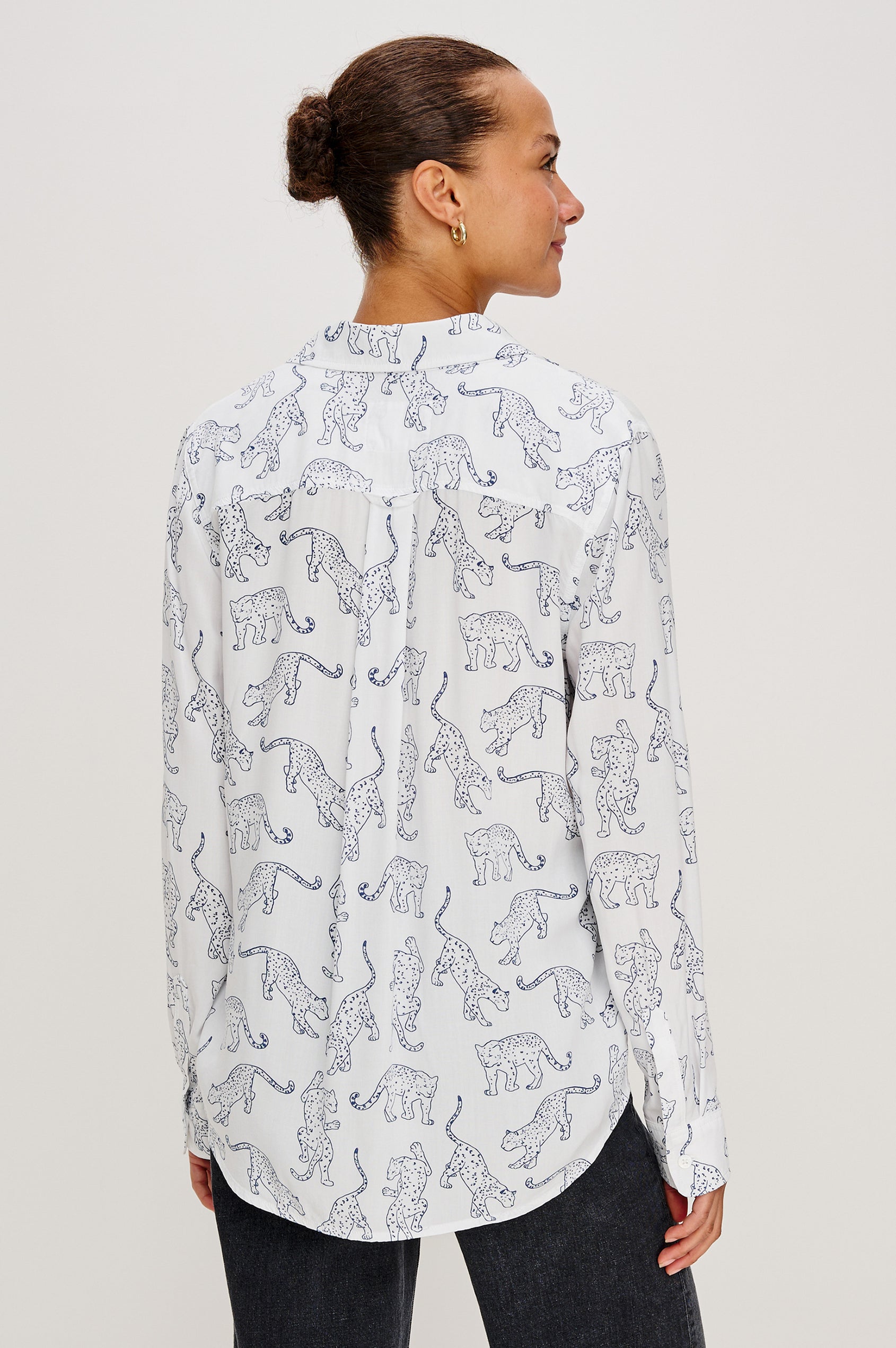 Kathryn Long-Sleeve Button up with a Chest Patch Pocket in Cobalt Jaguar Colorway, with lightly sketched jaguar pattern - Back View on Model