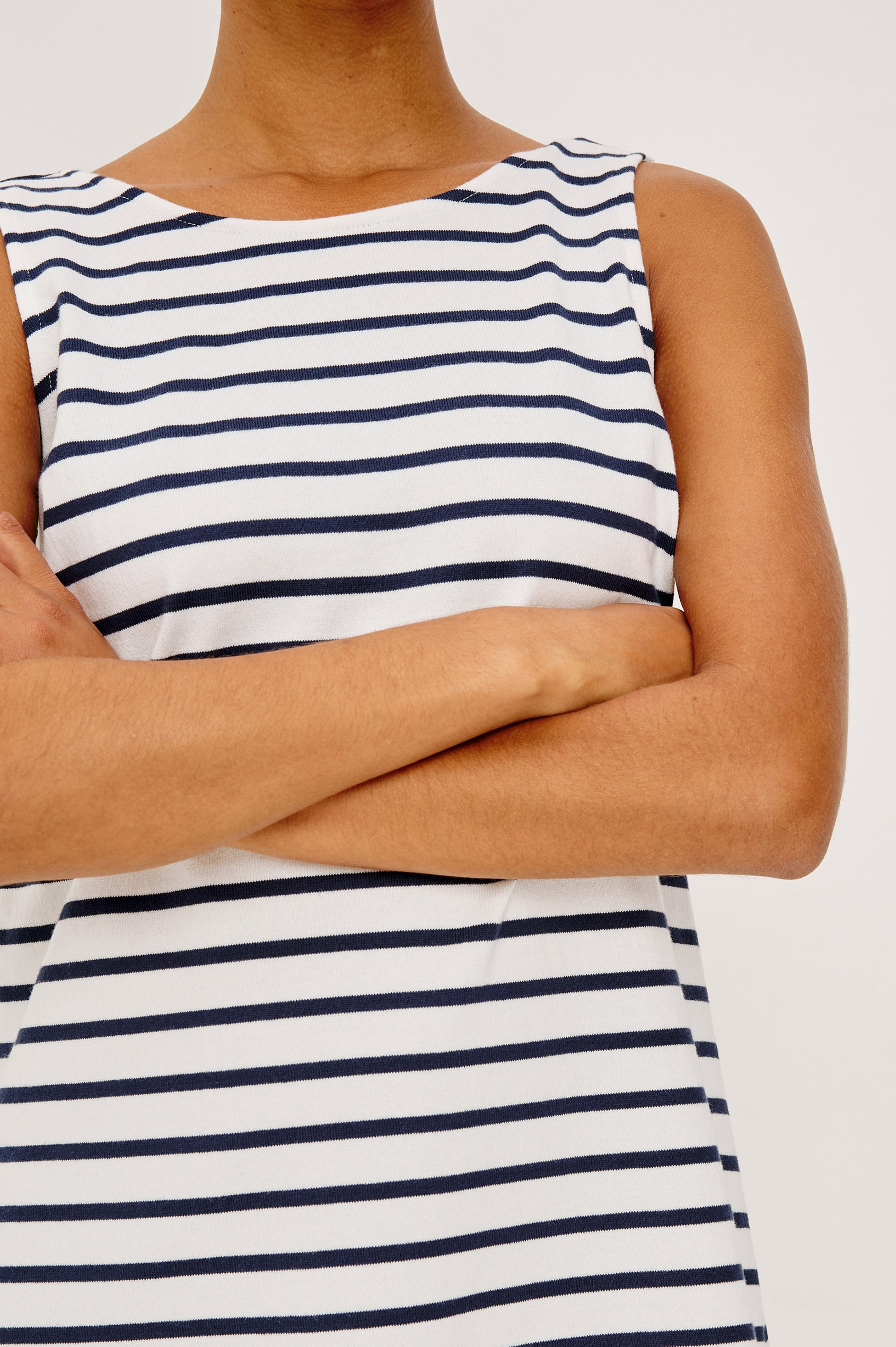 Kaylee Mini Dress in Cotton Jersey With Boat Neckline, A-Line Silhouette, and Scoop Back in Ivory Navy Stripe Colorway - Upper Body Front View Featured on Model