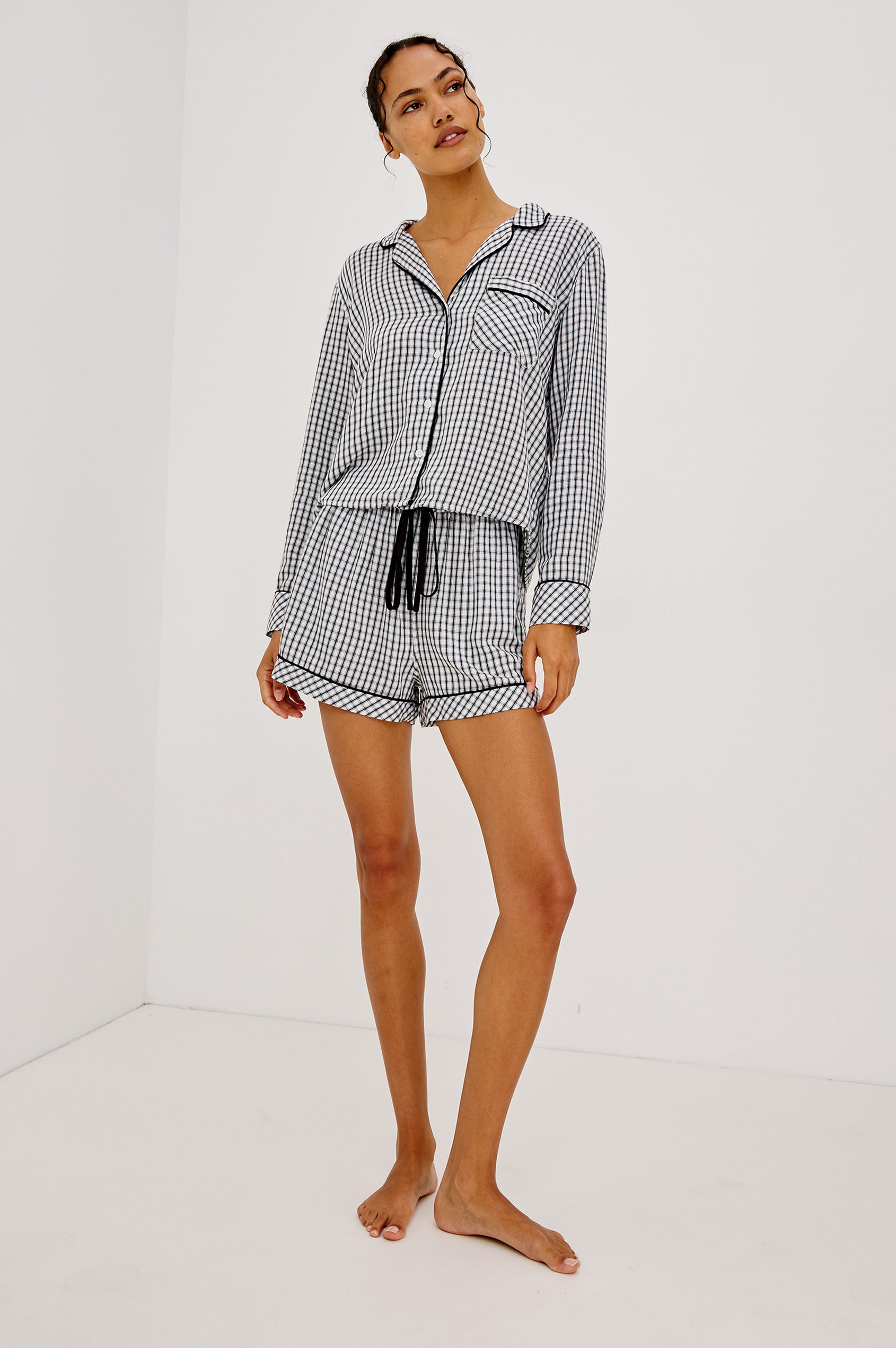 Kellen Pajama Set in Signature Rayon With Piping, Button-Up Shirt, Matching Pants, and Relaxed Fit in Cloud Stripe Colorway - Full Body Front View Featured on Model