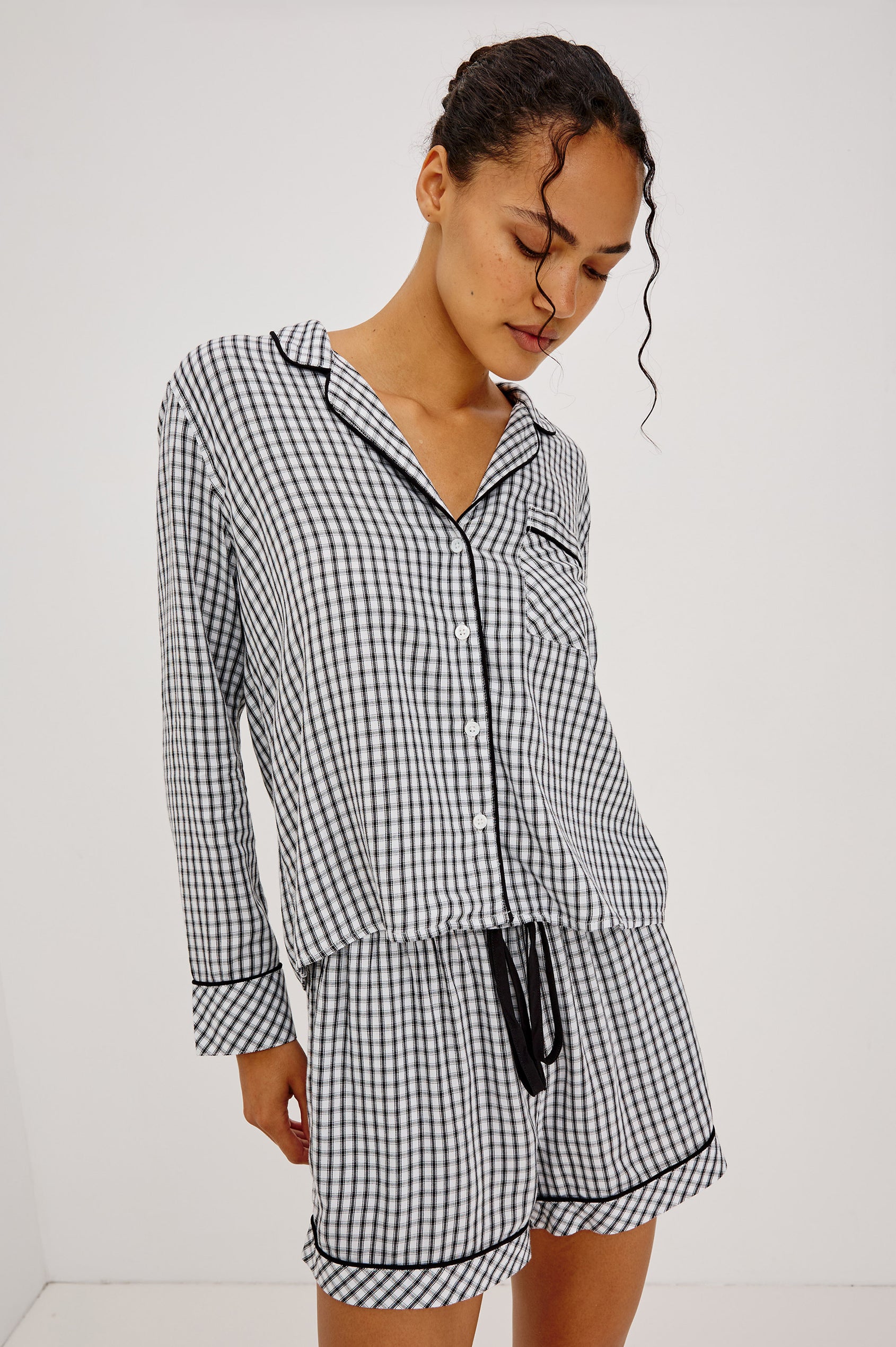 Kellen Pajama Set in Signature Rayon With Piping, Button-Up Shirt, Matching Pants, and Relaxed Fit in Cloud Stripe Colorway - Upper Body Front View Featured on Model