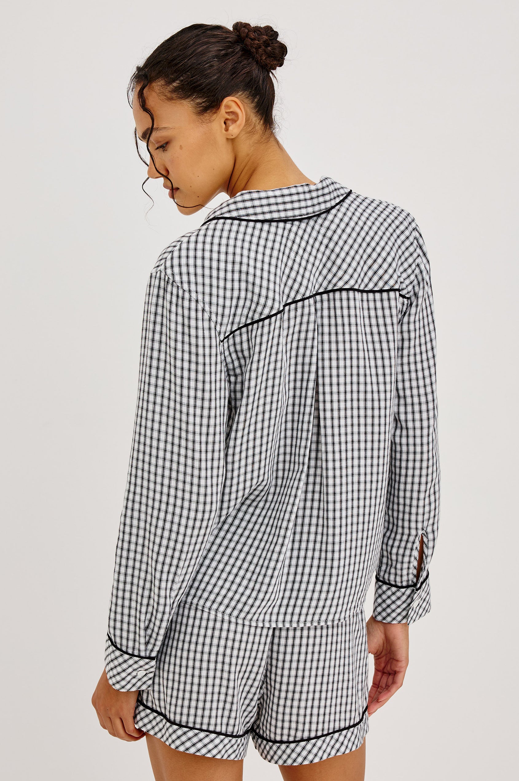 Kellen Pajama Set in Signature Rayon With Piping, Button-Up Shirt, Matching Pants, and Relaxed Fit in Cloud Stripe Colorway - Upper Body Back View Featured on Model