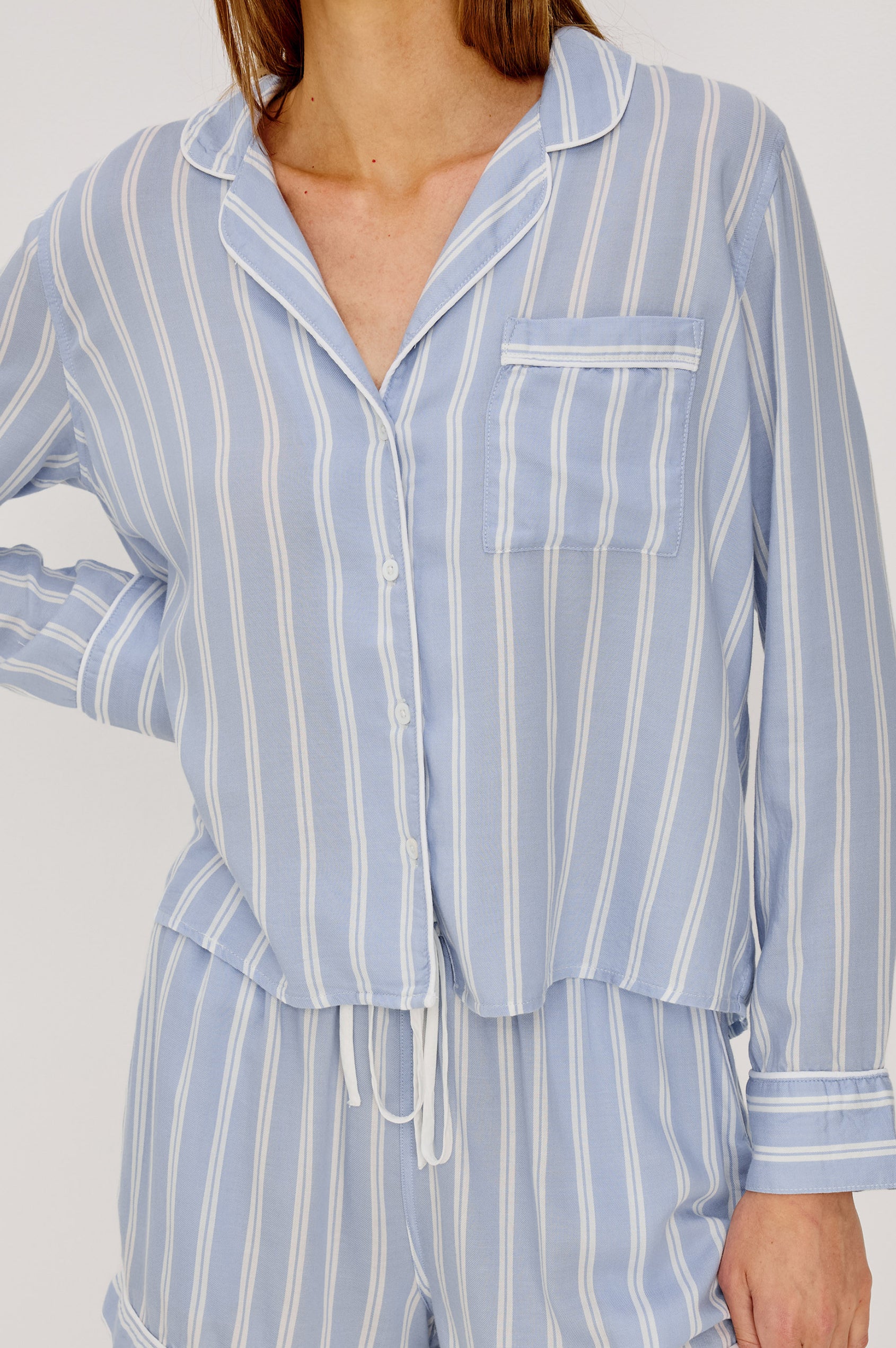 Kellen Pajama Set in Signature Rayon With Piping, Button-Up Shirt, Matching Pants, and Relaxed Fit in Cloud Stripe Colorway - Upper Body Front View Featured on Model