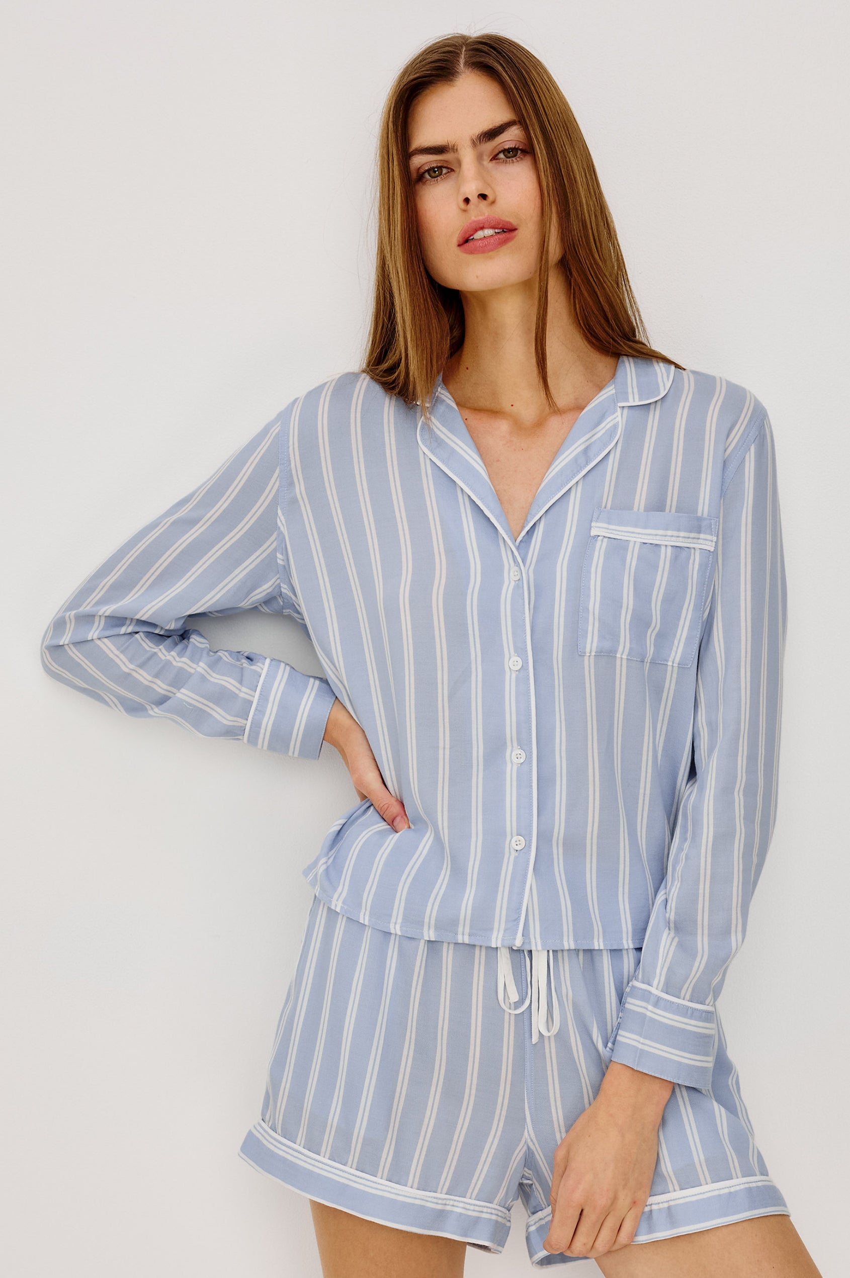 Kellen Pajama Set in Signature Rayon With Piping, Button-Up Shirt, Matching Pants, and Relaxed Fit in Cloud Stripe Colorway - Upper Body Front View Featured on Model