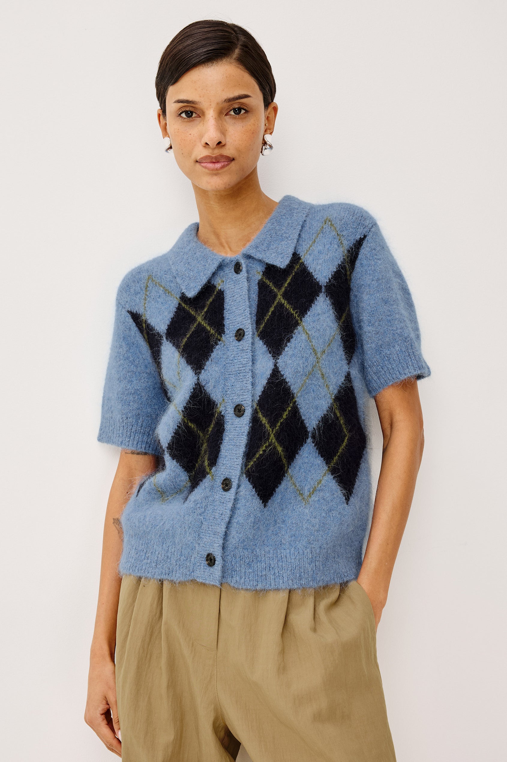 Kelly Cardigan Sweater in Fluffy Alpaca Blend With Slightly Cropped Boxy Fit, Collar, Short Sleeves, and Front Buttons in Argyle Colorway - Upper Body Front View Featured on Model
