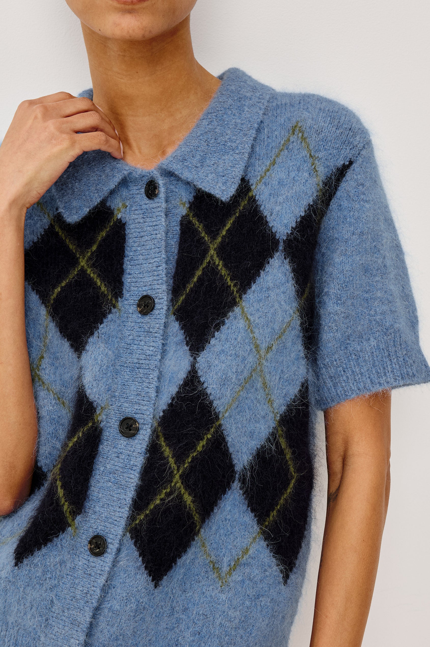 Kelly Cardigan Sweater in Fluffy Alpaca Blend With Slightly Cropped Boxy Fit, Collar, Short Sleeves, and Front Buttons in Argyle Colorway - Upper Body Front View Featured on Model
