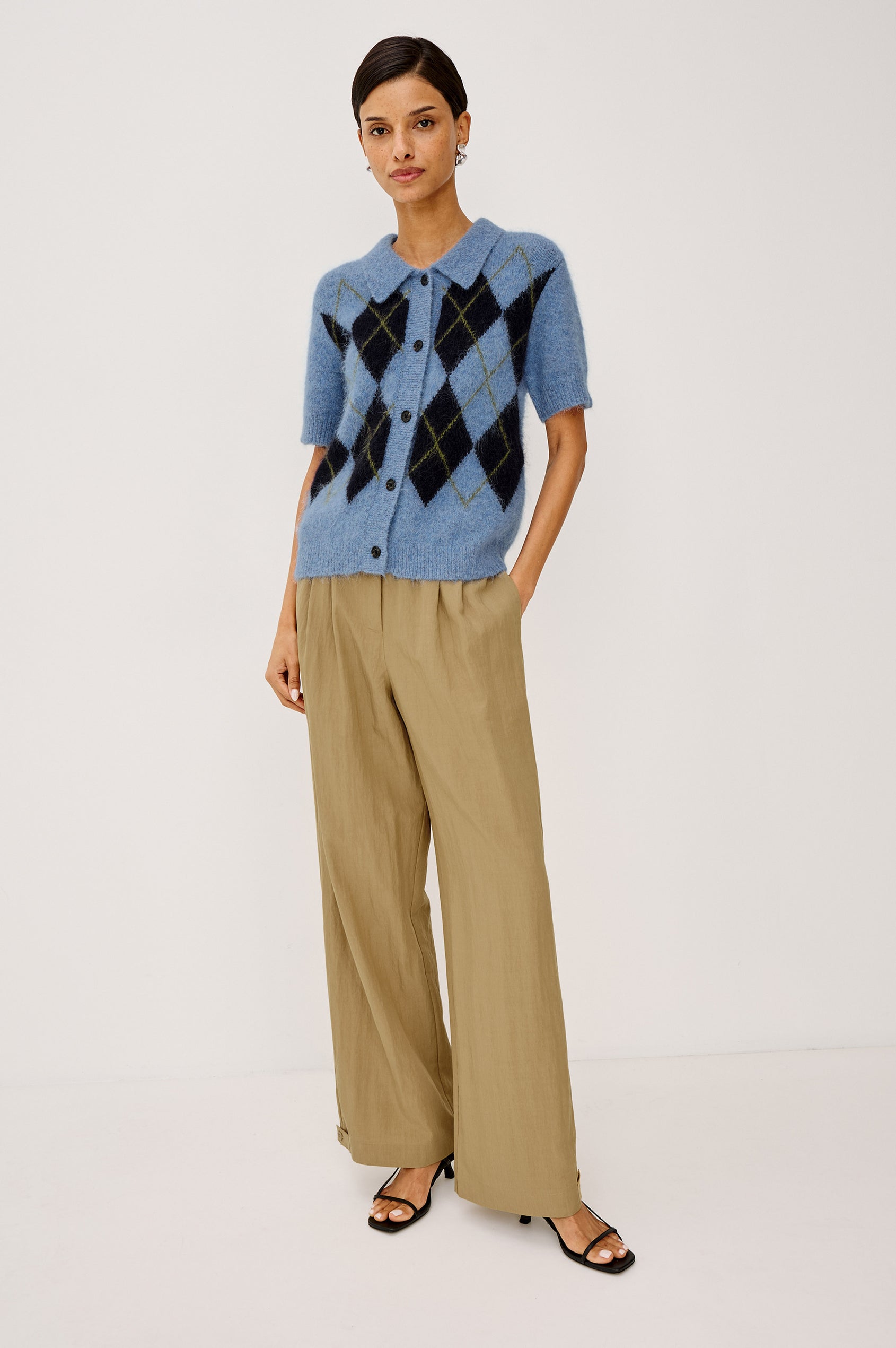 Kelly Cardigan Sweater in Fluffy Alpaca Blend With Slightly Cropped Boxy Fit, Collar, Short Sleeves, and Front Buttons in Argyle Colorway - Full Body Front View Featured on Model