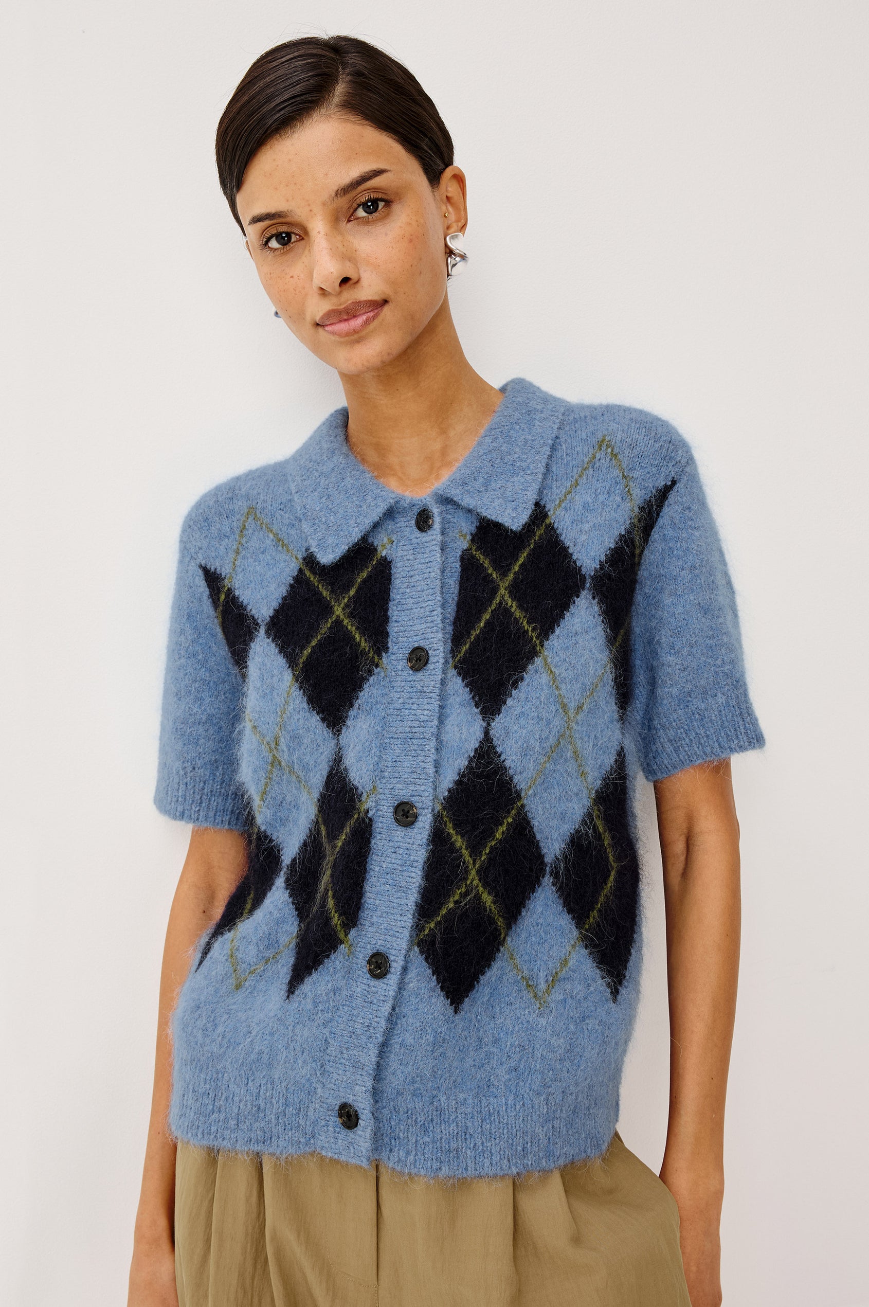 Kelly Cardigan Sweater in Fluffy Alpaca Blend With Slightly Cropped Boxy Fit, Collar, Short Sleeves, and Front Buttons in Argyle Colorway - Upper Body Front View Featured on Model