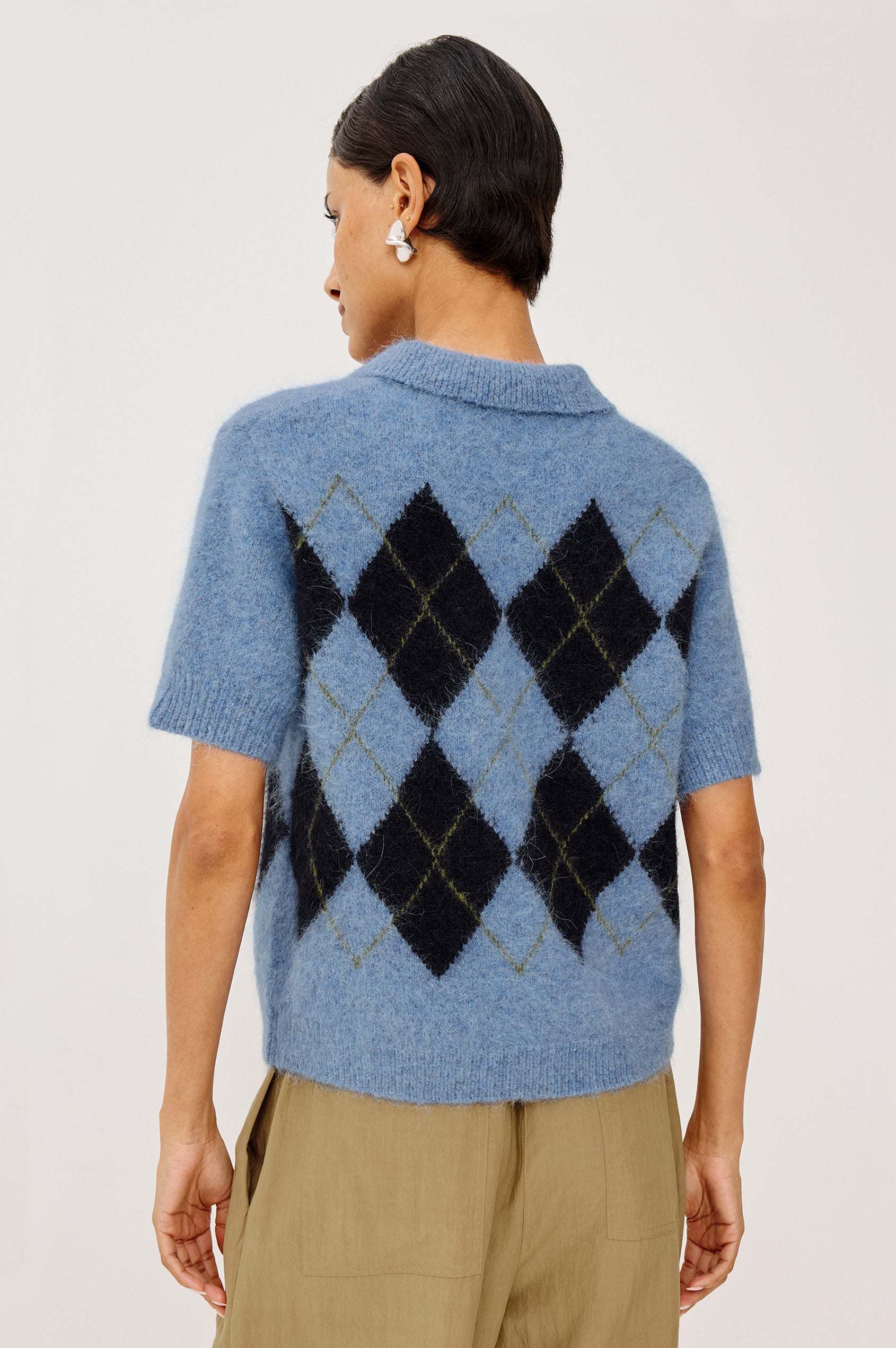Kelly Cardigan Sweater in Fluffy Alpaca Blend With Slightly Cropped Boxy Fit, Collar, Short Sleeves, and Front Buttons in Argyle Colorway - Upper Body Back View Featured on Model
