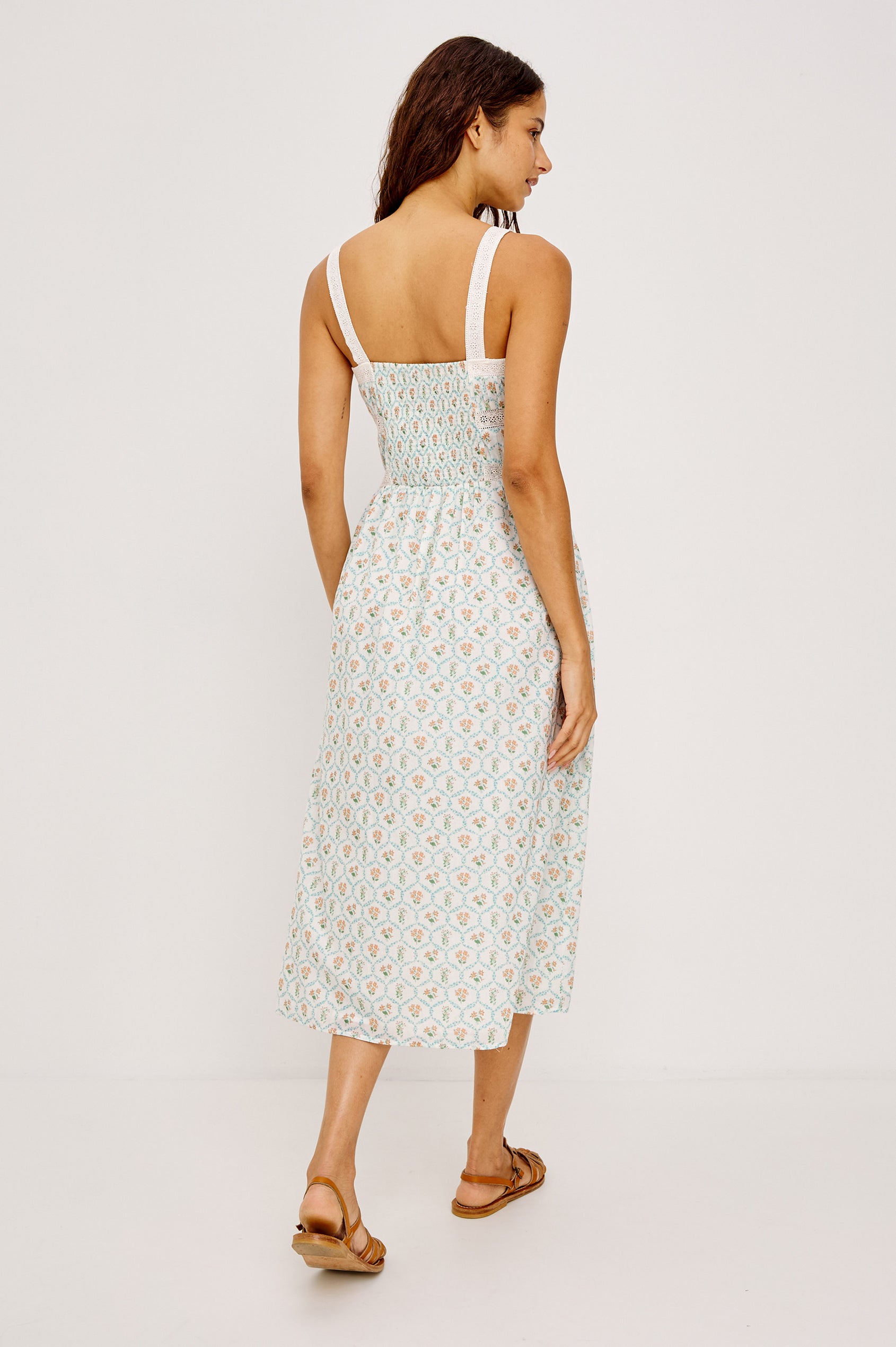 Kimiko Midi Dress in Cotton Voile With Crochet Trim, Fitted Shirred Bodice, Wide Straps, Square Neckline, Smocked Back, Adjustable Shoulder Straps, and Side Zipper in Peach Peony Colorway -