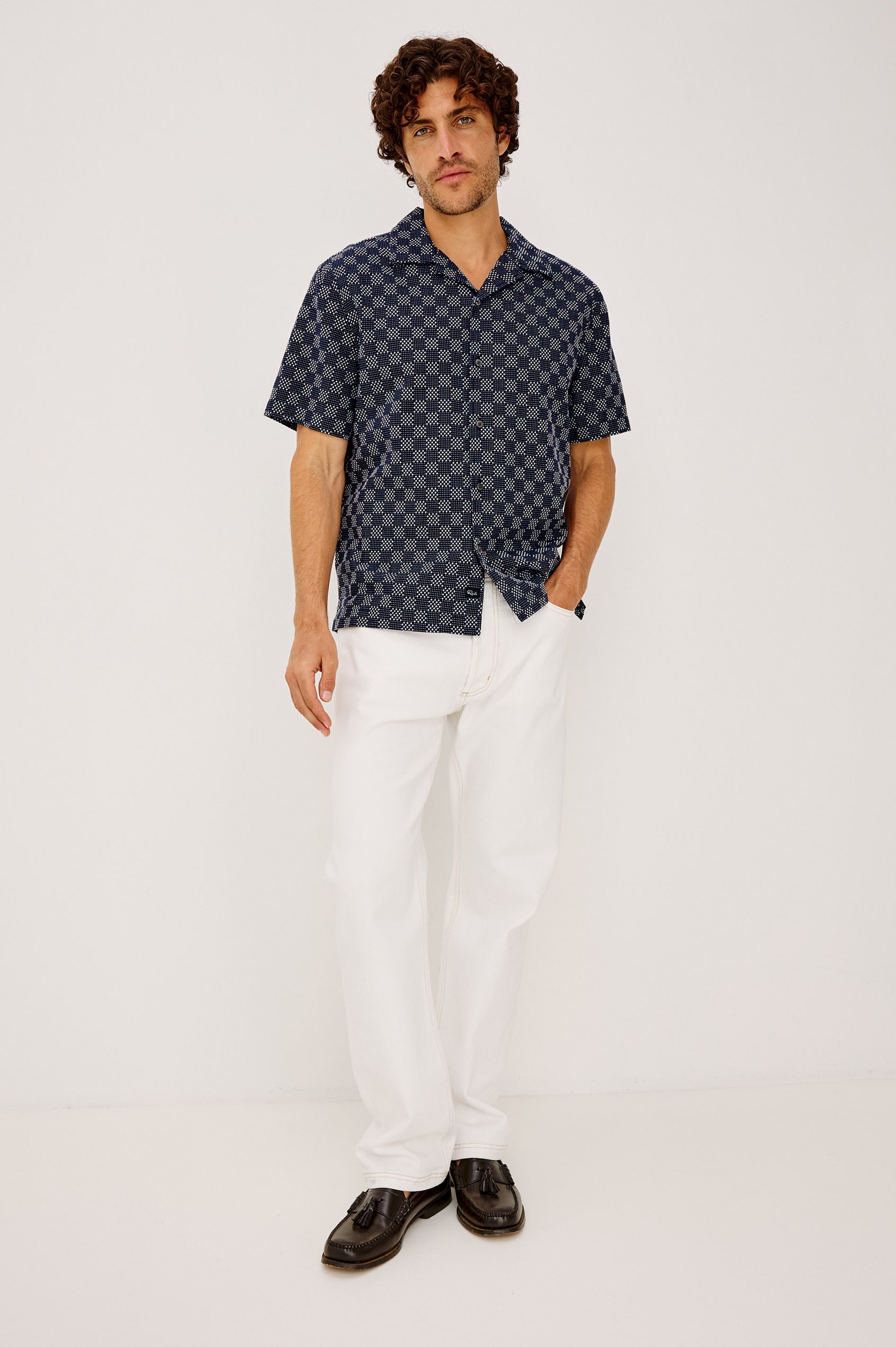Kin Shirt in Textured Dobby Cotton With Camp Collar, Front Buttons, and Relaxed, Boxy Fit in Navy Sashiko Colorway - Full Body Front View Featured on Model