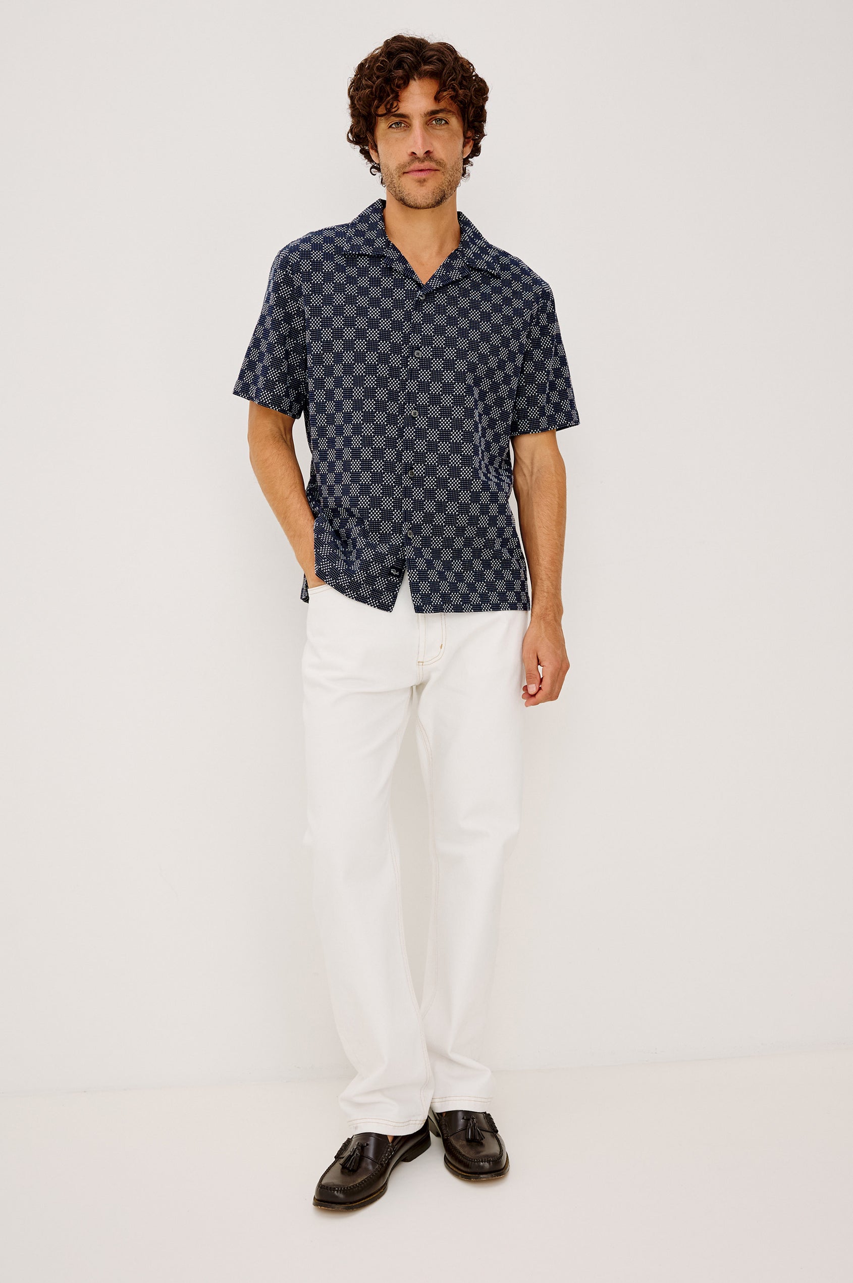 Kin Shirt in Textured Dobby Cotton With Camp Collar, Front Buttons, and Relaxed, Boxy Fit in Navy Sashiko Colorway - Upper Body Back View Featured on Model