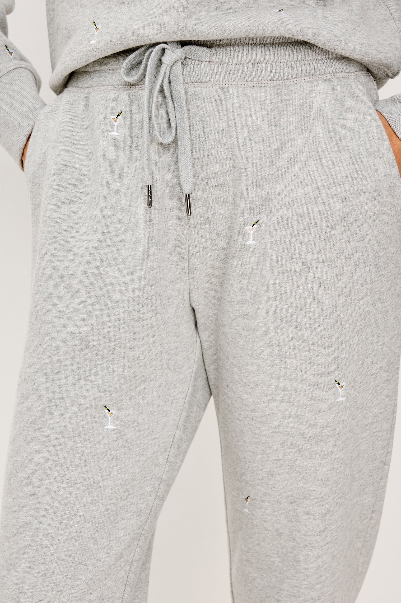 Kingston Jogger Sweatpants in Cotton Fleece With Embroidered Martinis and Elastic Drawstring Waistband - Lower Body Front View Featured on Model
