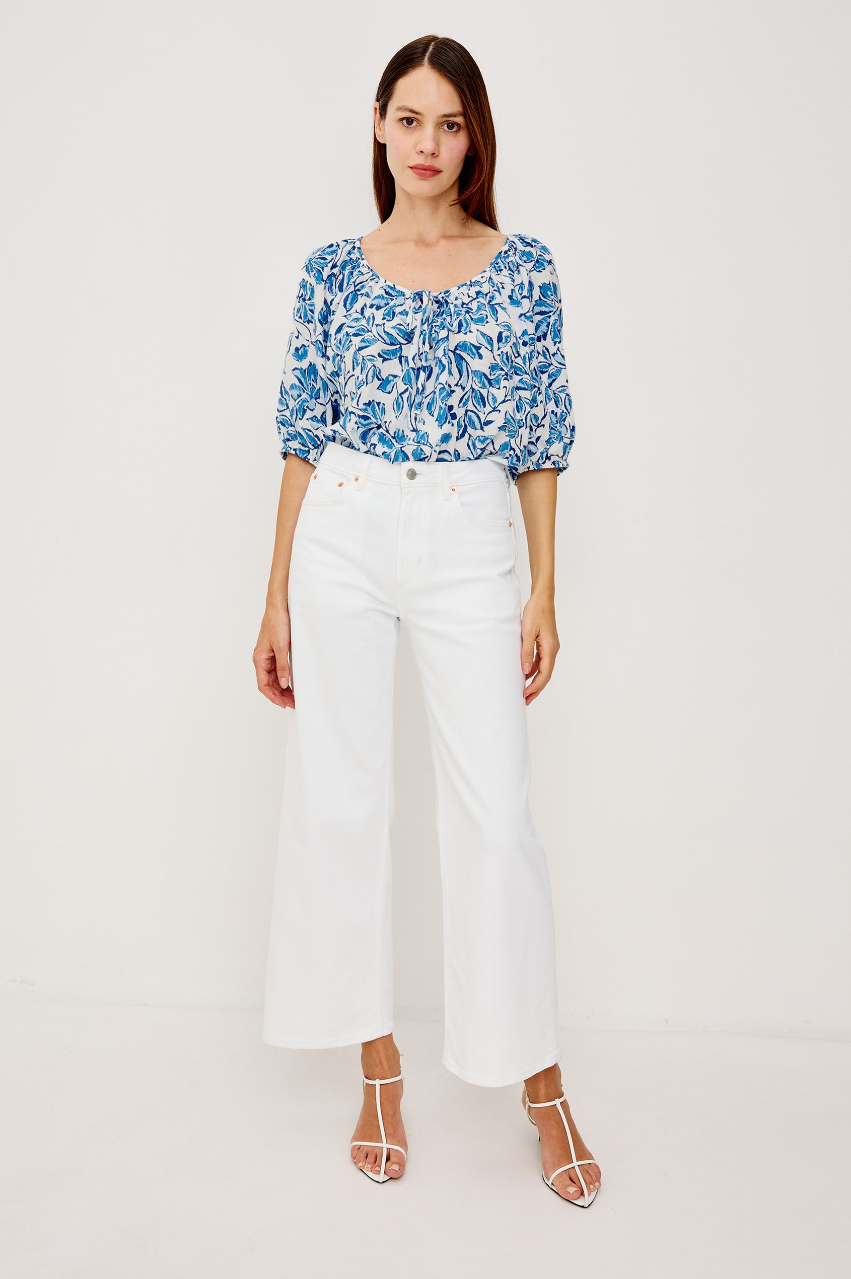 Kirstie Linen Top With Wide Scoop Neckline and Self-Ties Elbow-Length Raglan Sleeves With Elastic Cuffs and Loose Fit in Azure Jasmine Colorway - Upper Body Front View Featured on Model