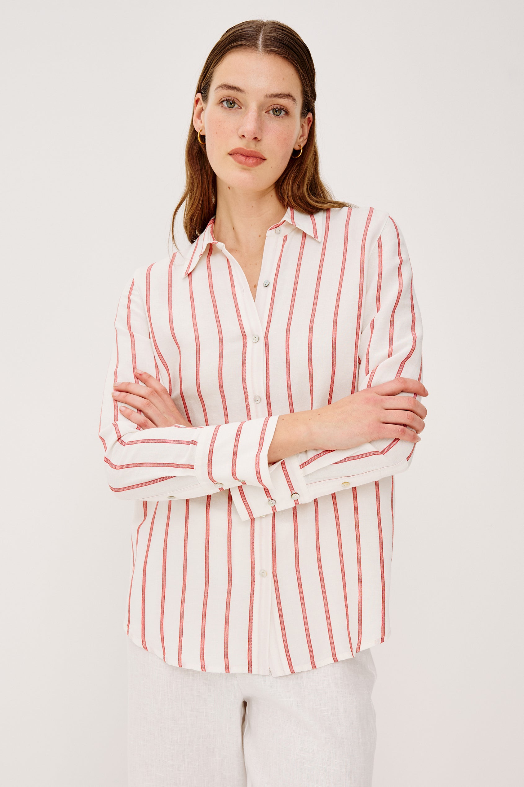 Knox Button-Up Shirt in Linen Viscose With Collar Front Buttons Long Sleeves and Relaxed Fit in Scarlet Ivory Stripe Colorway - Upper Body Front View Featured on Model