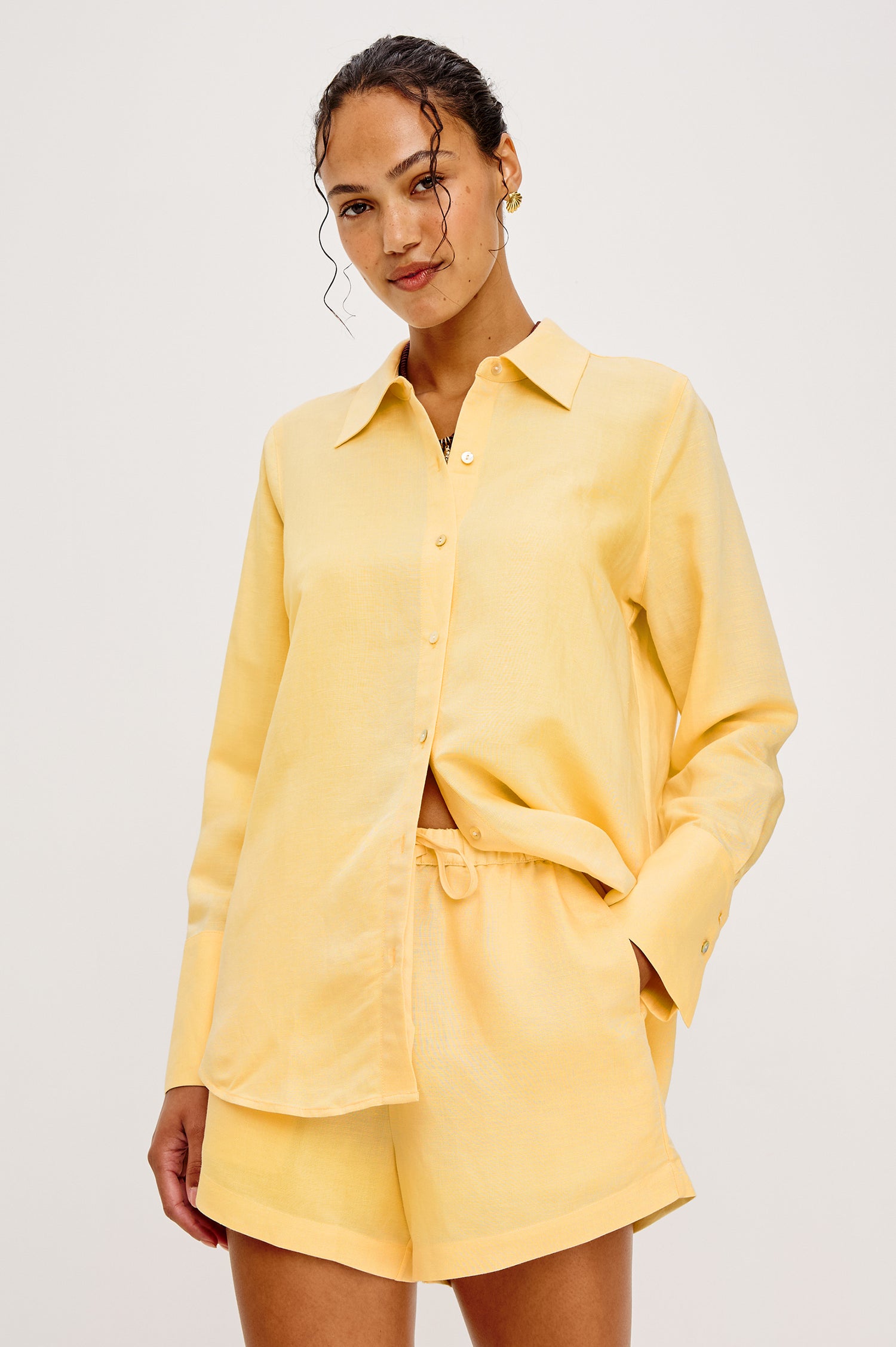Knox Button-Up Shirt in Linen Viscose With Collar, Front Buttons, Long Sleeves, and Relaxed Fit in Sunshine Colorway - Upper Body Front View Featured on Model