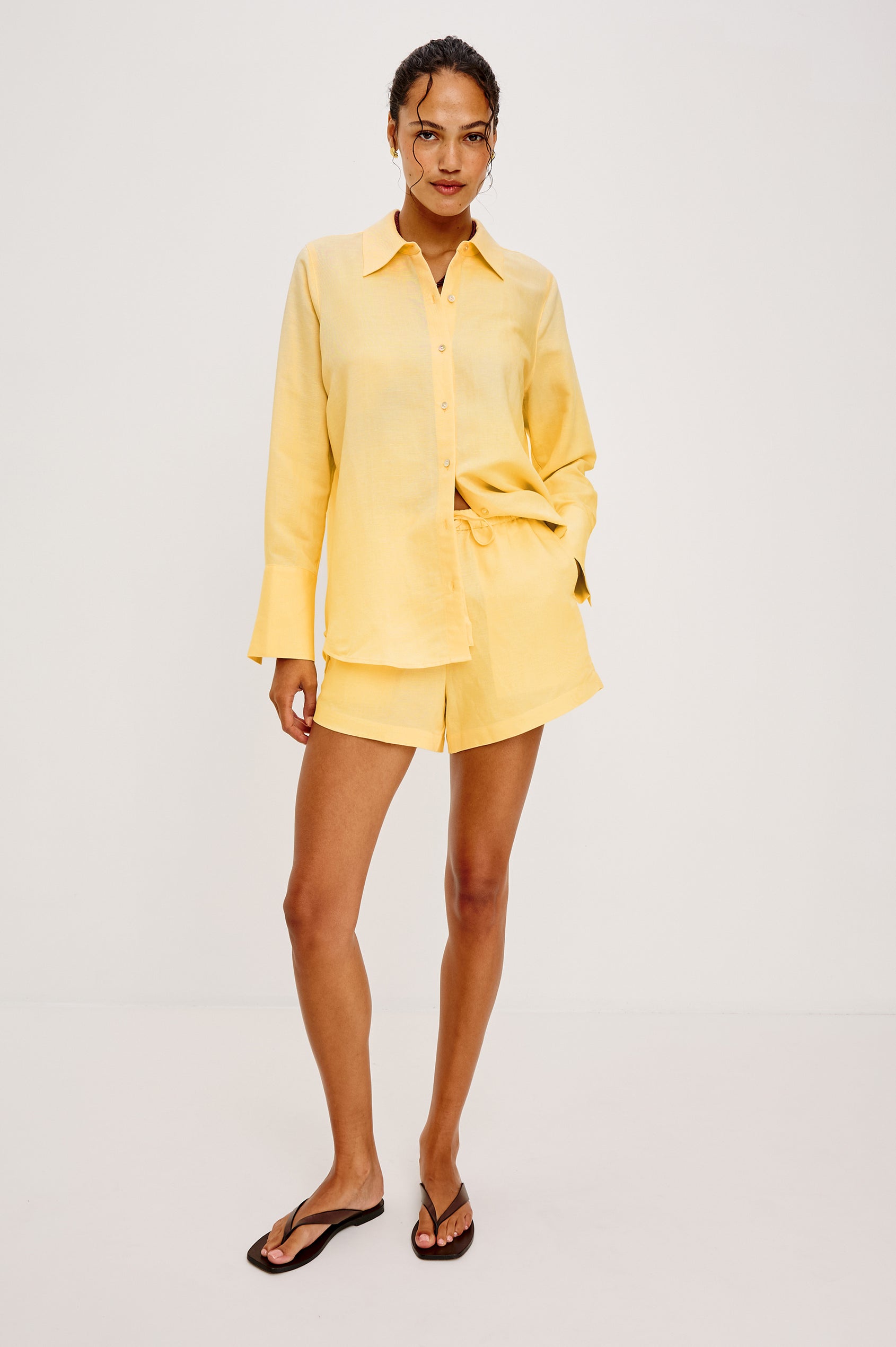 Knox Button-Up Shirt in Linen Viscose With Collar, Front Buttons, Long Sleeves, and Relaxed Fit in Sunshine Colorway - Full Body Front View Featured on Model