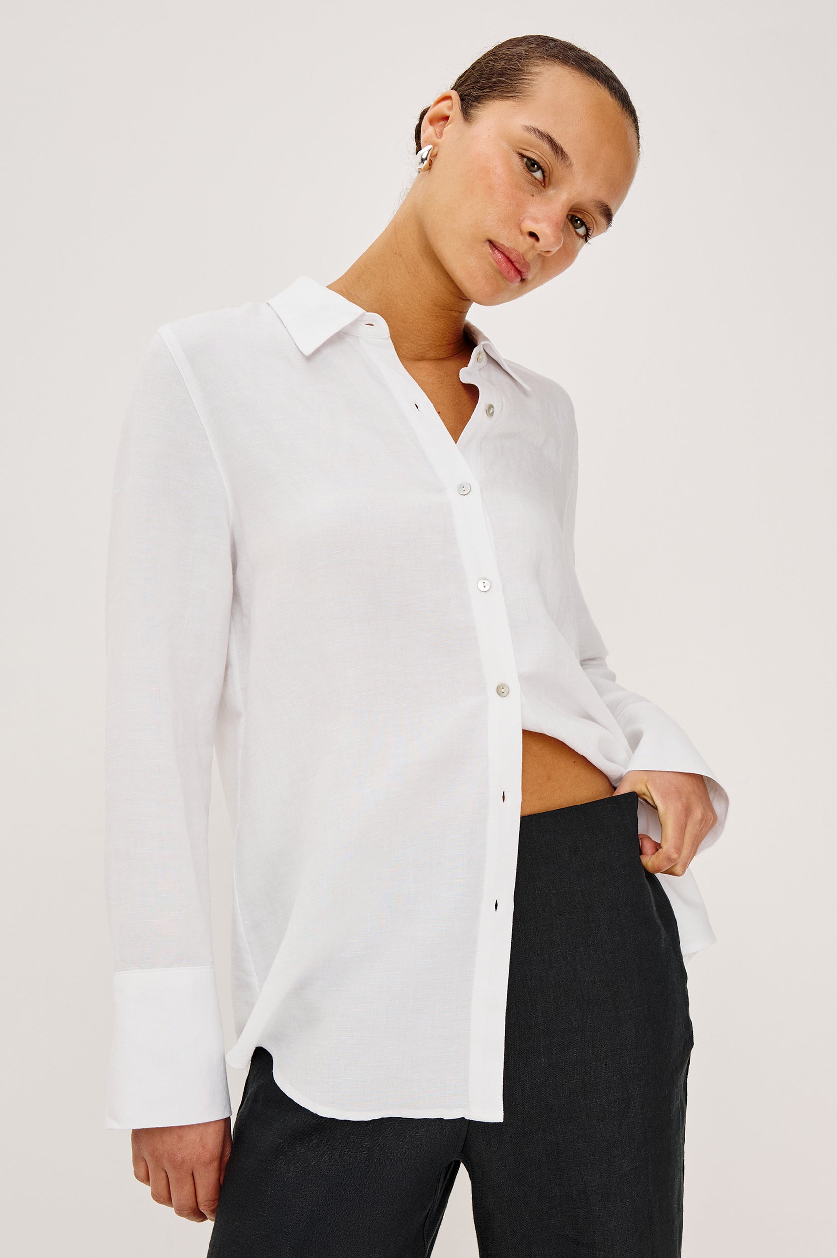 Knox Button-Up Shirt in Linen Viscose With Collar, Front Buttons, Long Sleeves, and Relaxed Fit in White Colorway - Upper Body Front View Featured on Model