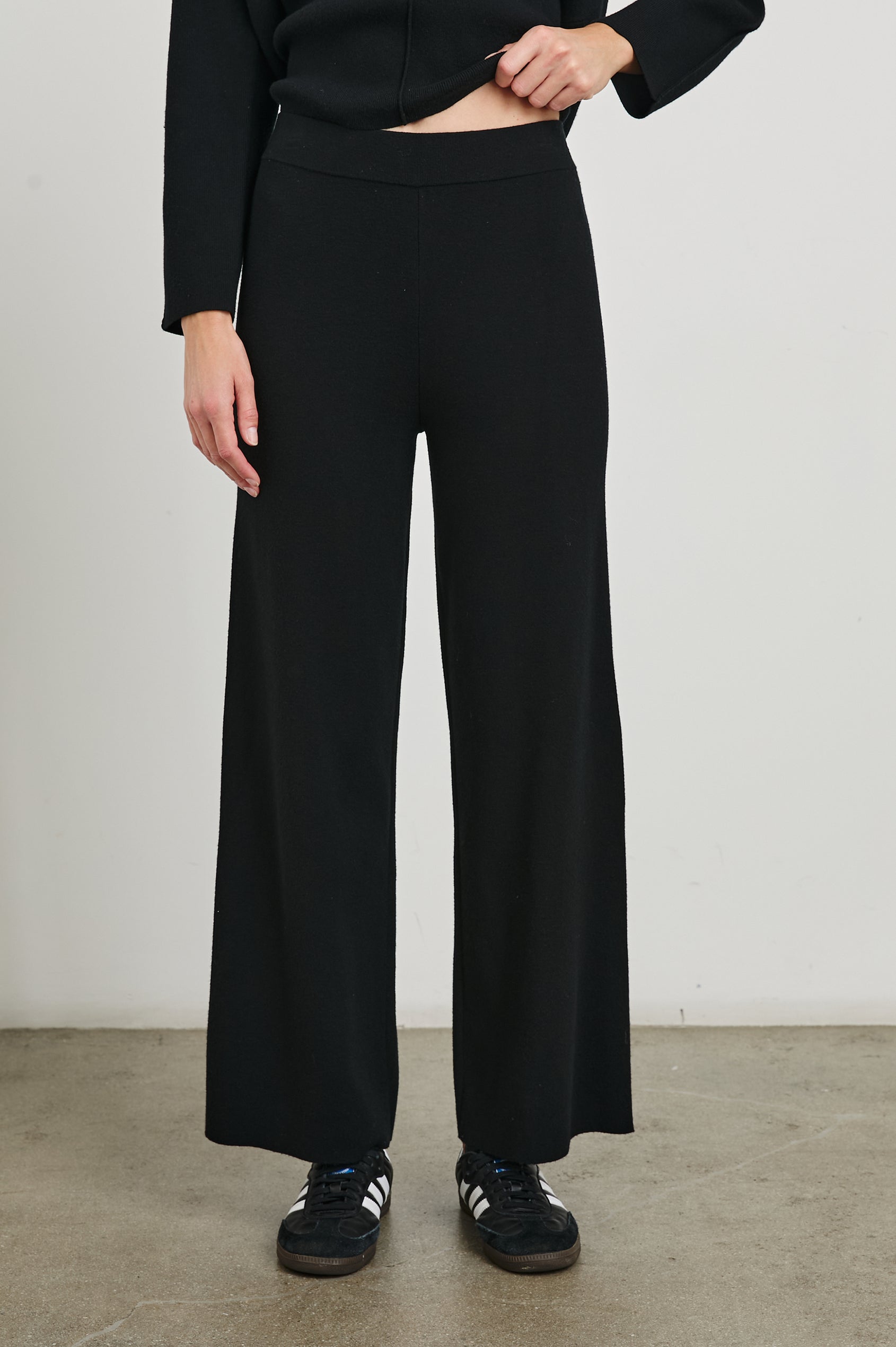 Krista Pants with an Elastic Waist in Black Colorway - Front View Featured on Model