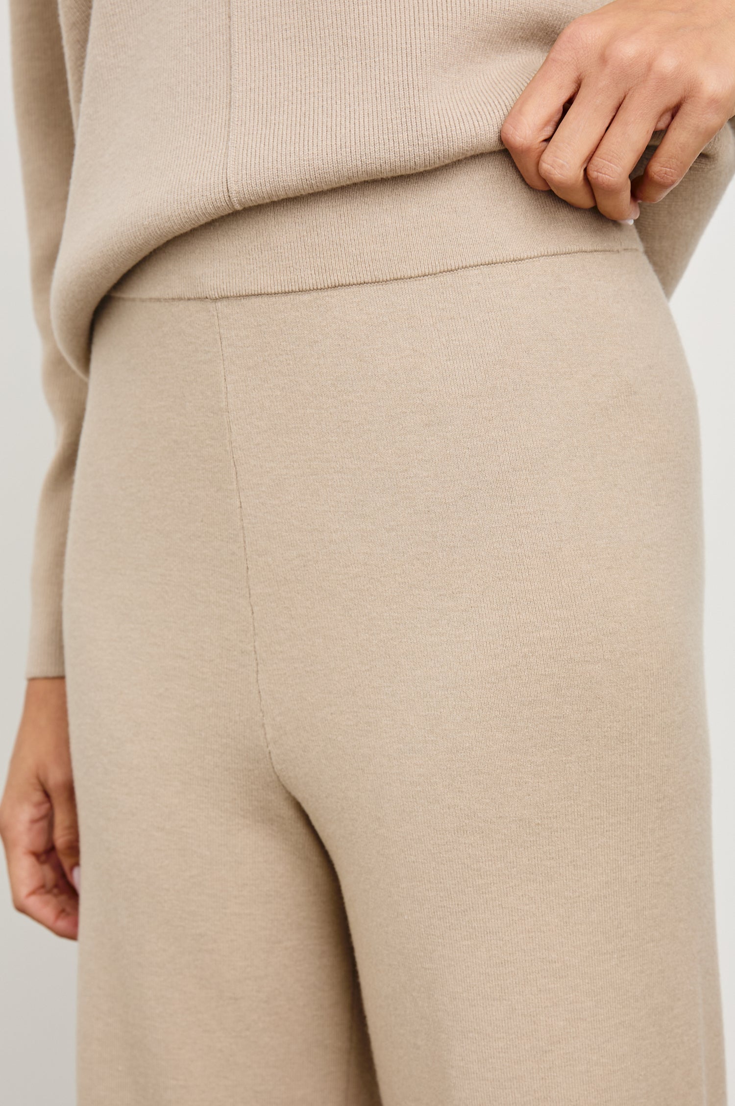 Krista Pants with an Elastic Waist in Oatmeal Colorway - Front View Featured on Model
