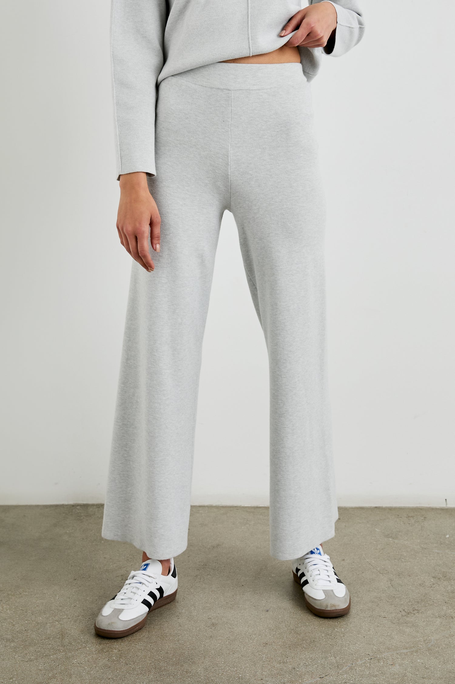 Krista Pants with an Elastic Waist in Light Heather Grey Colorway - Front View Featured on Model