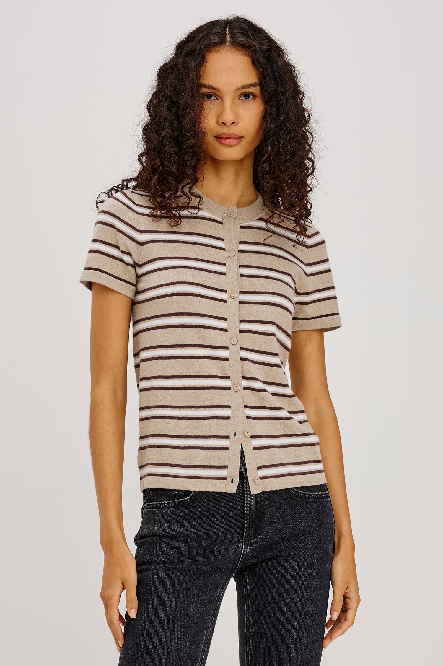 Kylie Top in Cotton-Cashmere Blend With Classic Fit, Crew Neck, and Front Buttons in Heather Oat Stripe Colorway - Upper Body Front View Featured on Model