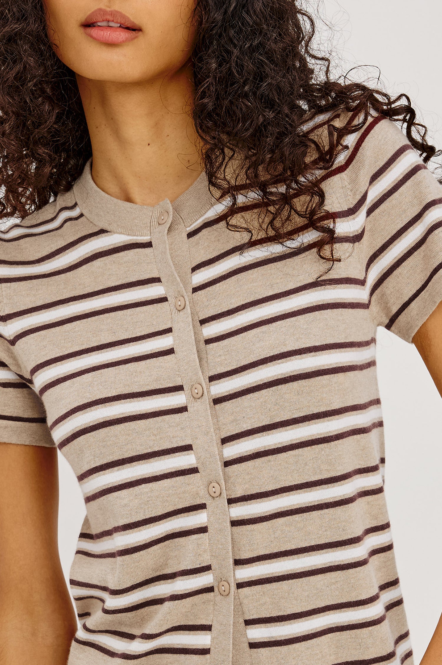 Kylie Top in Cotton-Cashmere Blend With Classic Fit, Crew Neck, and Front Buttons in Heather Oat Stripe Colorway - Upper Body Front View Featured on Model