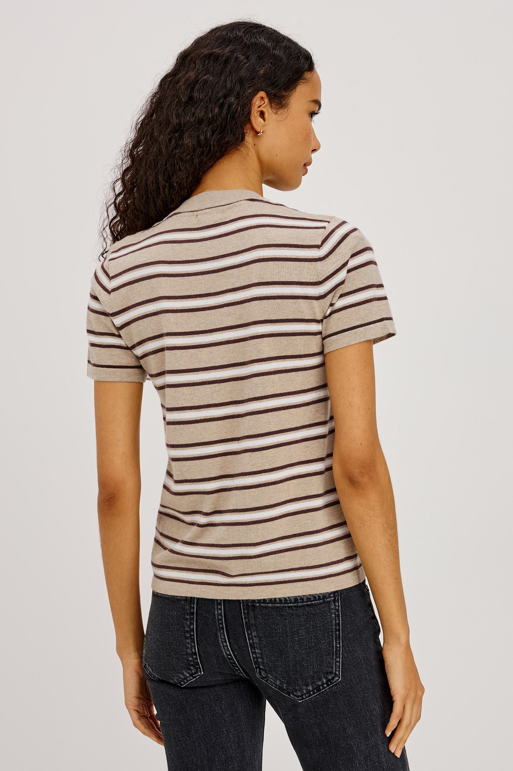 Kylie Top in Cotton-Cashmere Blend With Classic Fit, Crew Neck, and Front Buttons in Heather Oat Stripe Colorway - Upper Body Back View Featured on Model