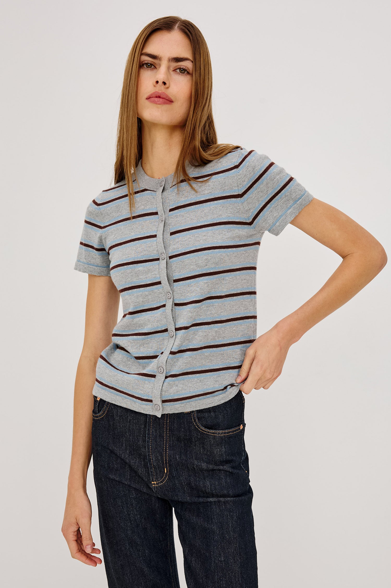 Kylie Top in Cotton-Cashmere Blend With Classic Fit, Crew Neck, and Front Buttons in Heather Sky Colorway - Upper Body Front View Featured on Model