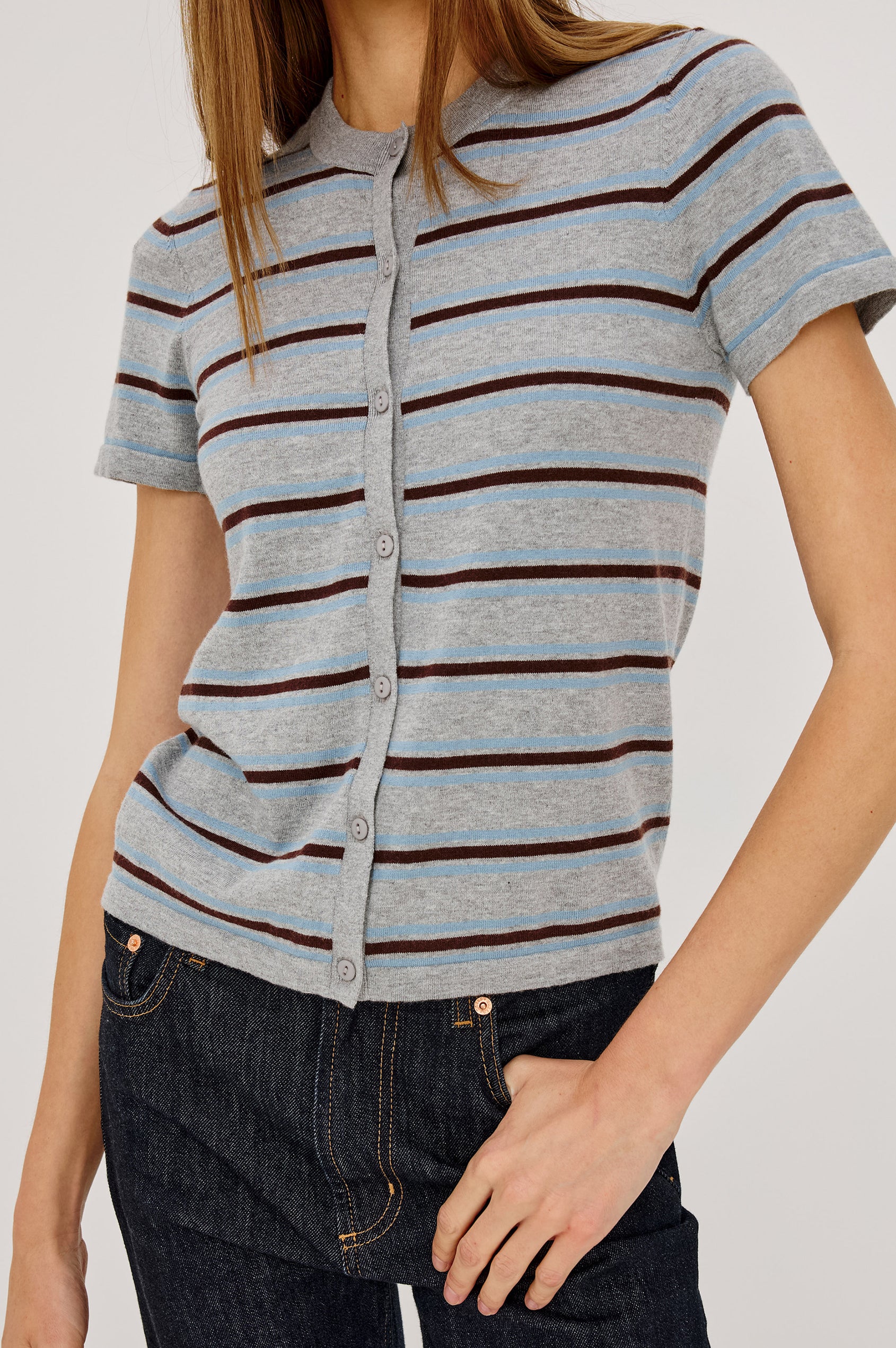 Kylie Top in Cotton-Cashmere Blend With Classic Fit, Crew Neck, and Front Buttons in Heather Sky Colorway - Upper Body Front View Featured on Model