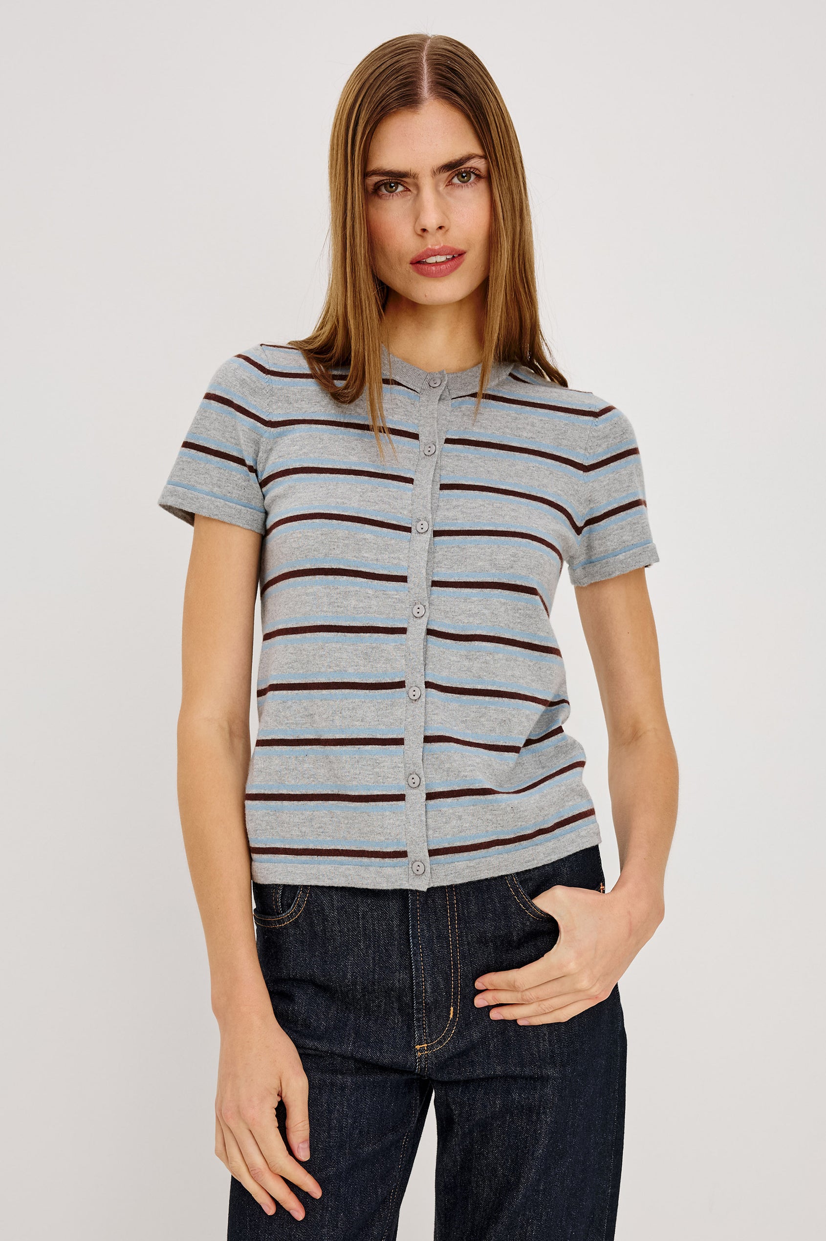 Kylie Top in Cotton-Cashmere Blend With Classic Fit, Crew Neck, and Front Buttons in Heather Sky Colorway - Upper Body Front View Featured on Model