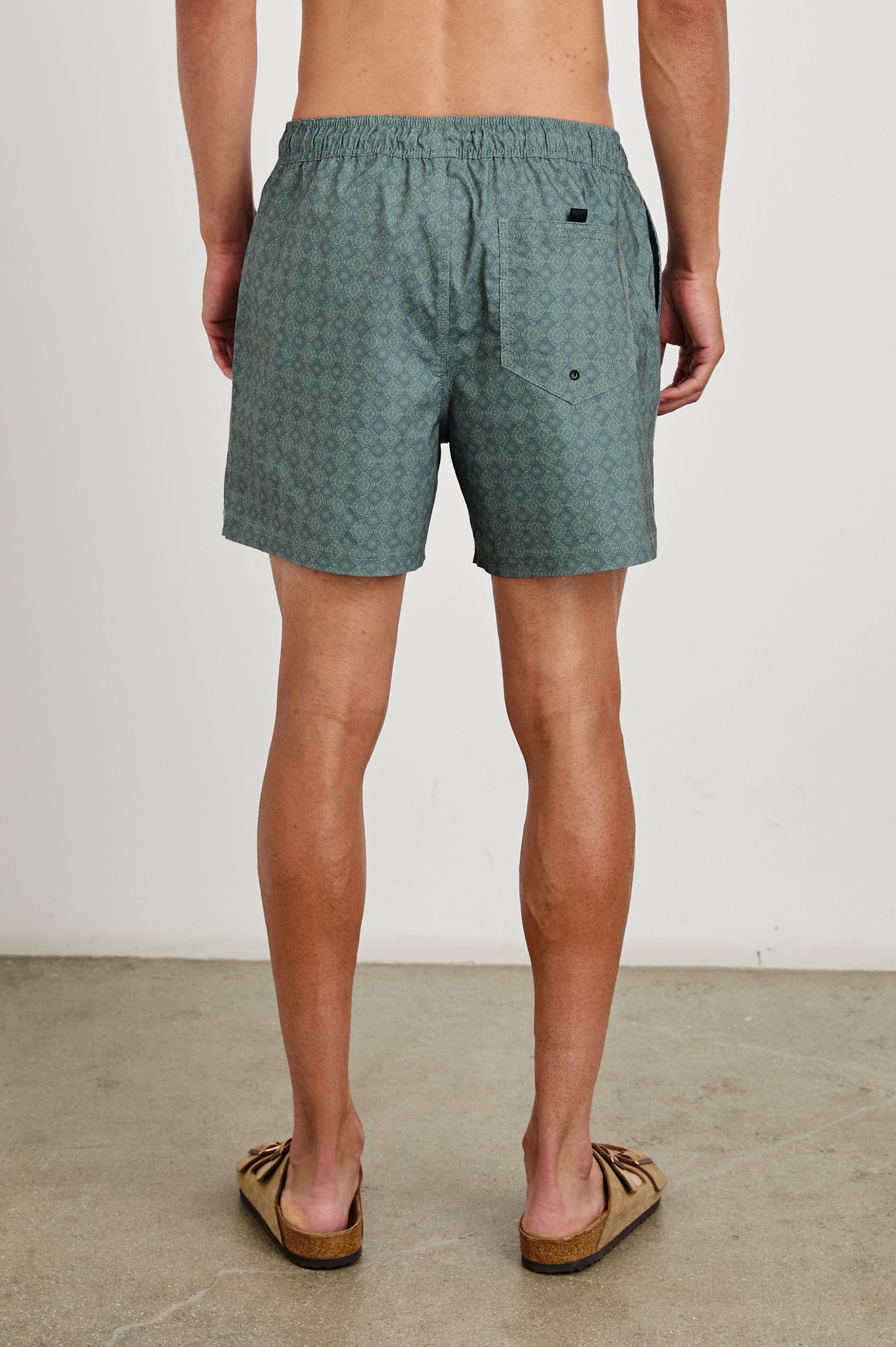 La Brea mid-length swim short with adjustable waist drawstring with ornamental pattern in Diamon Thunder Grass - back view on model