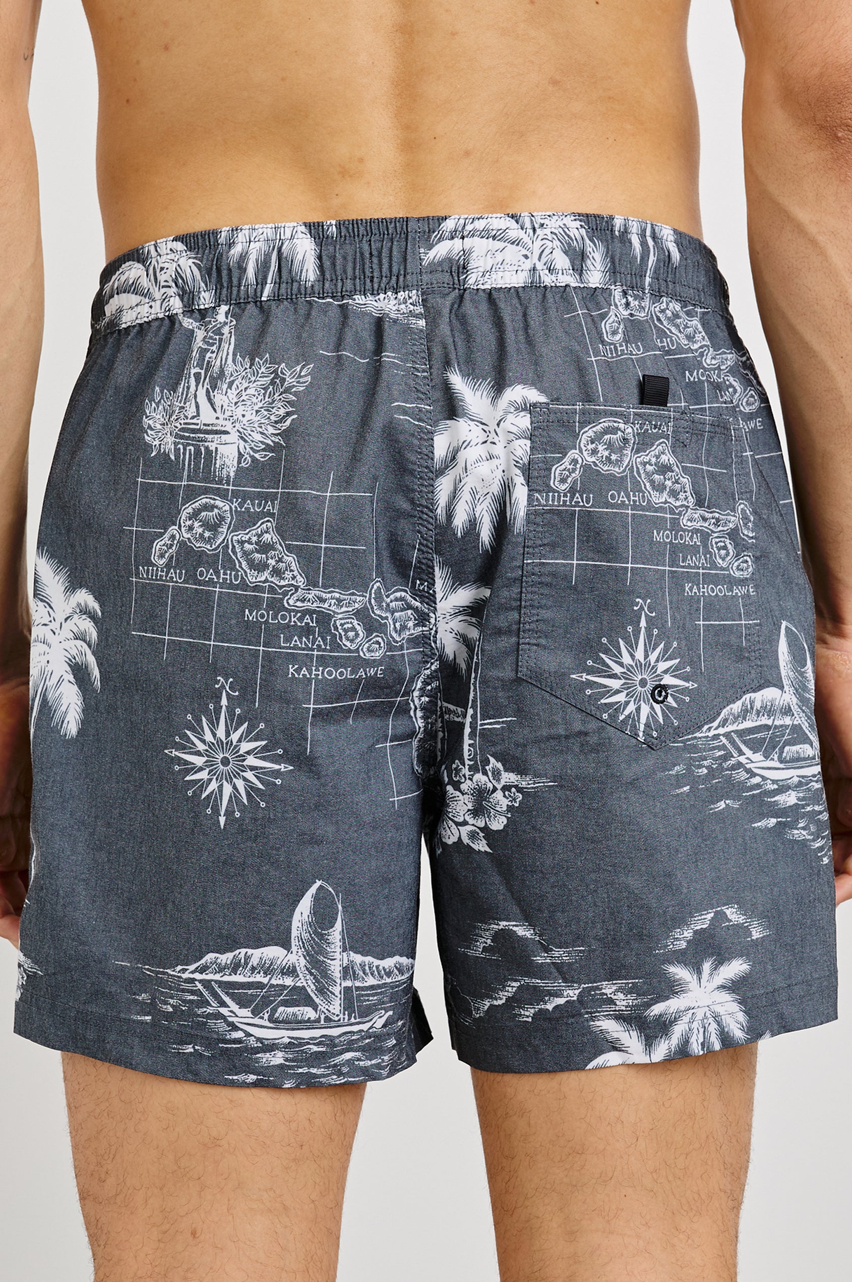 La Brea Swim Short with a Drawstring Waistband and Side Pockets in Paradise Washed Black Colorway. Back View Shown on Model.