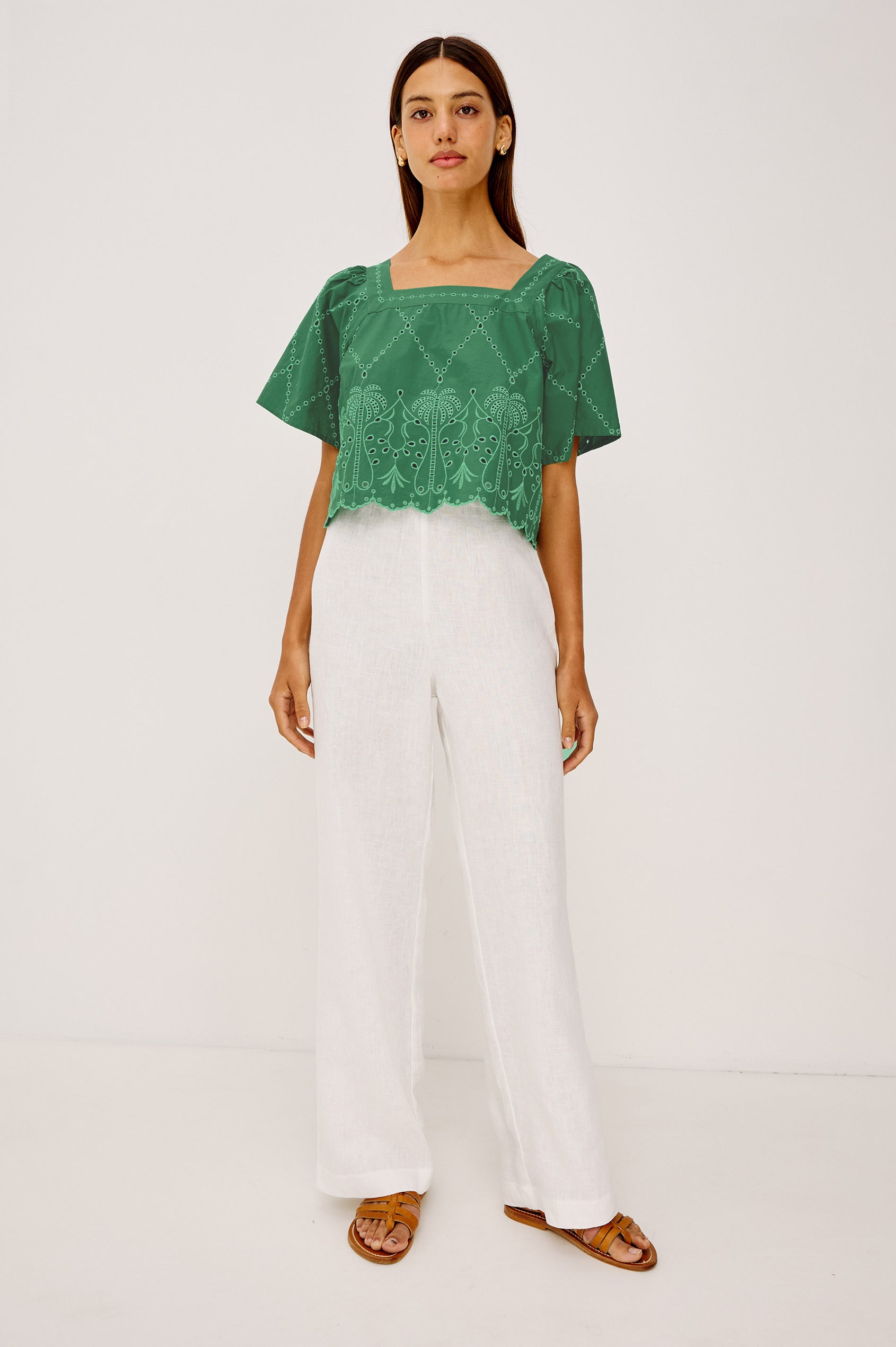 Laine Crop Top in Cotton Poplin With Boxy Fit, Square Neckline, Wide Short Sleeves, Embroidered Details, and Scallop Hem in Clover Colorway - Full Body Front View Featured on Model