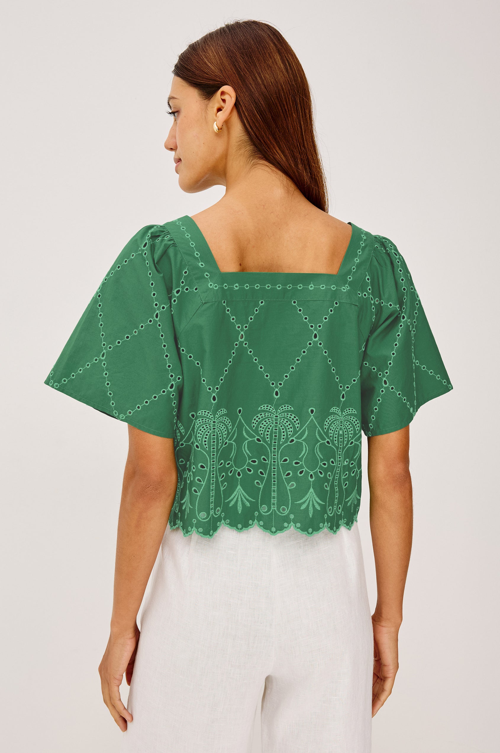 Laine Crop Top in Cotton Poplin With Boxy Fit, Square Neckline, Wide Short Sleeves, Embroidered Details, and Scallop Hem in Clover Colorway - Upper Body Back View Featured on Model