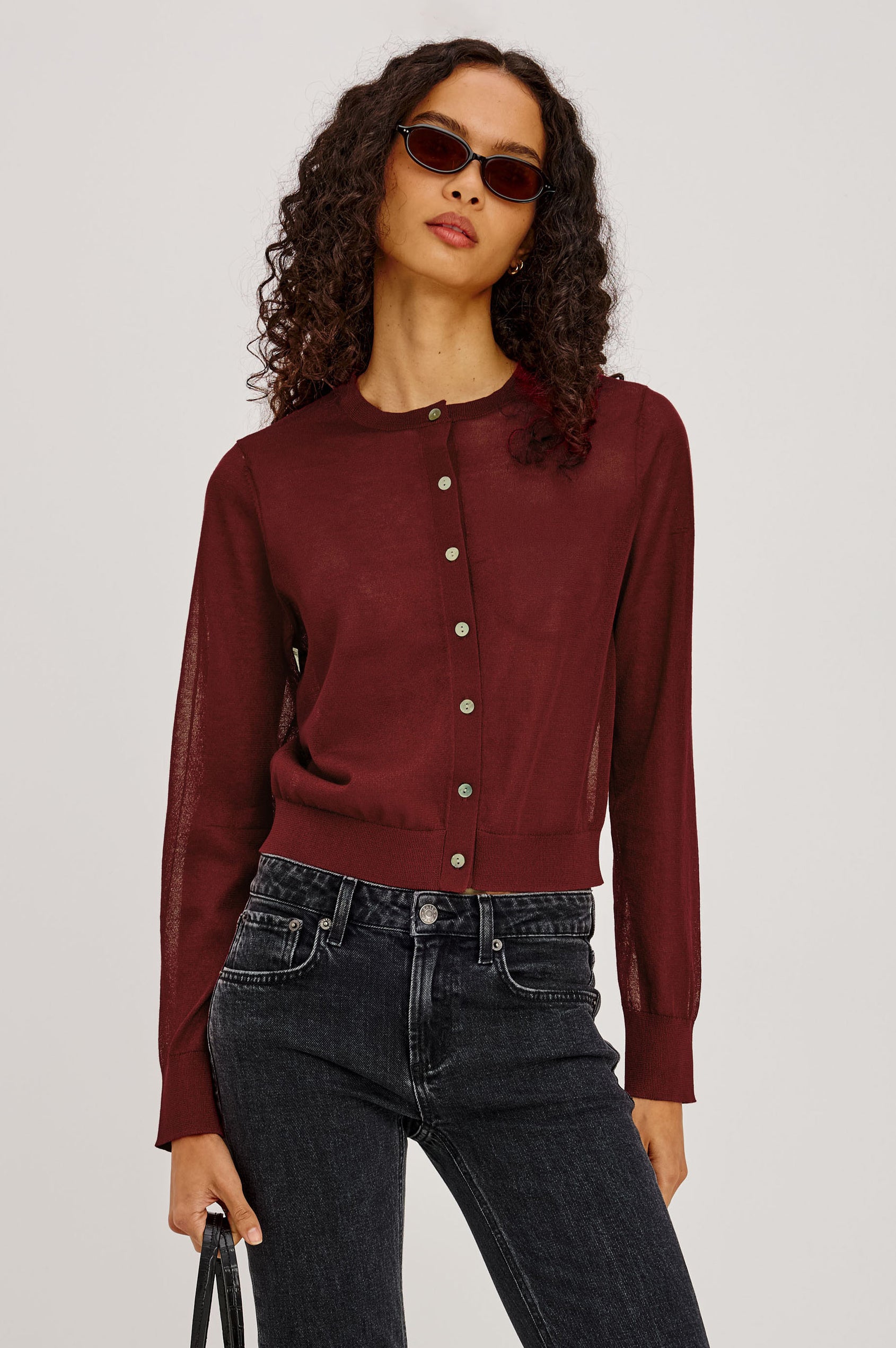 Lakelyn Cardigan in Sheer Fine-Gauge Knit With Slightly Cropped, Boxy Fit, Crew Neck, Front Button Closures, and Long Sleeves in Crimson Colorway - Upper Body Front View Featured on Model