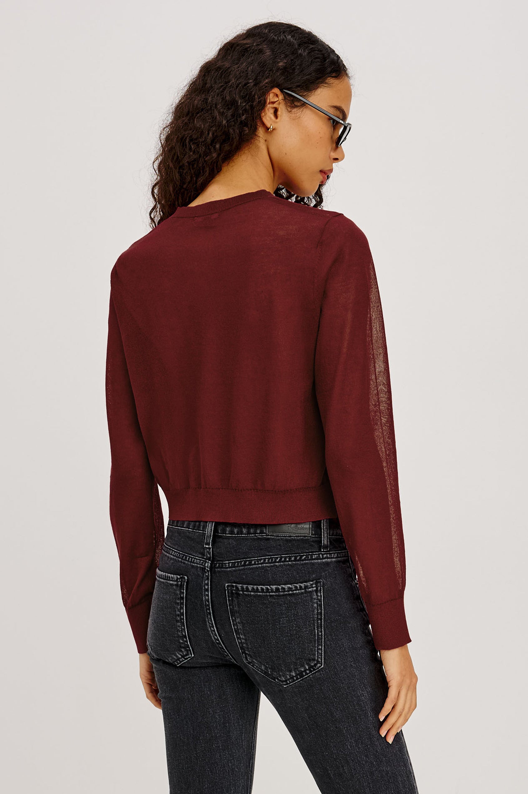 Lakelyn Cardigan in Sheer Fine-Gauge Knit With Slightly Cropped, Boxy Fit, Crew Neck, Front Button Closures, and Long Sleeves in Crimson Colorway - Upper Body Back View Featured on Model