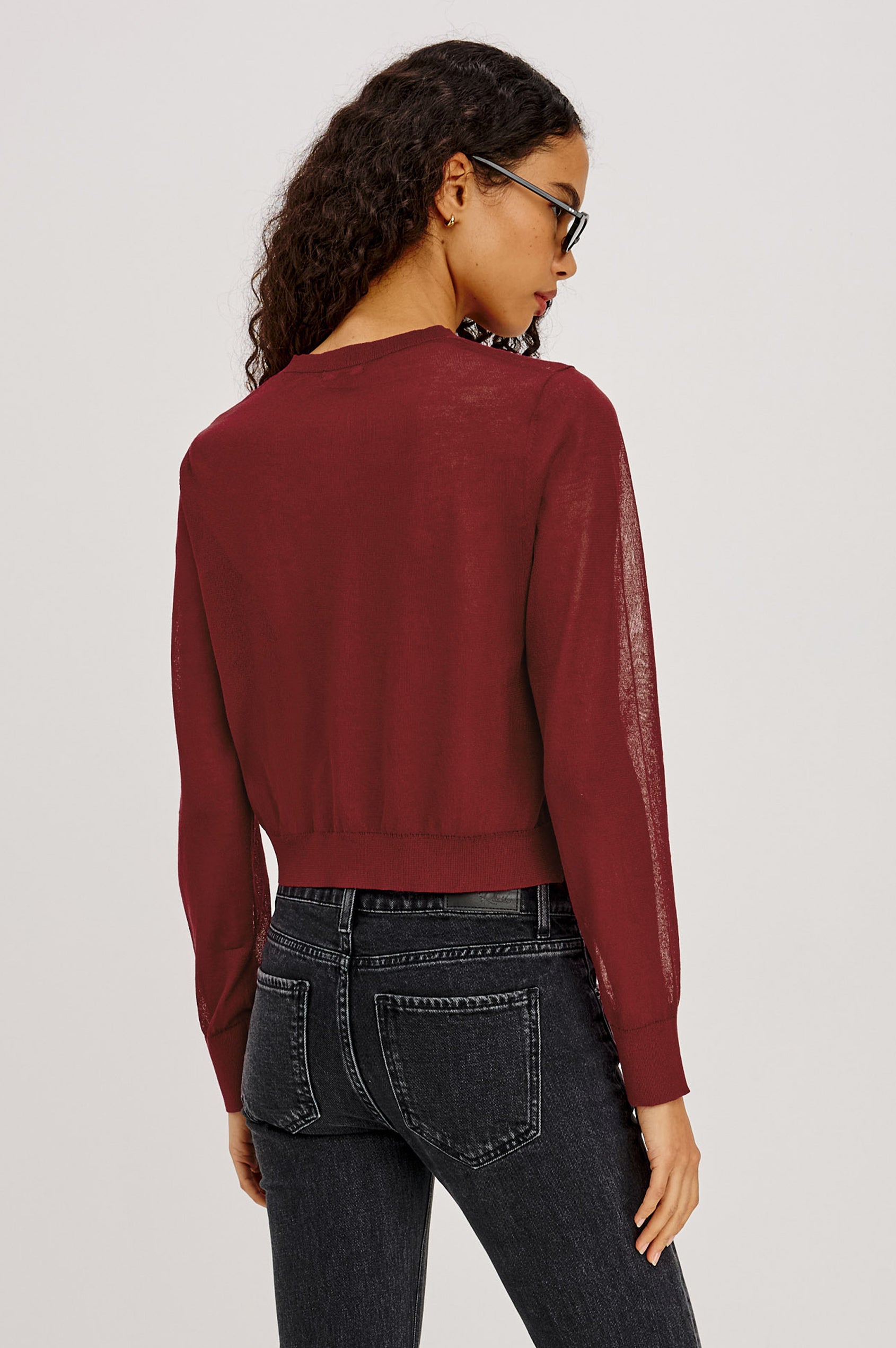 Lakelyn Cardigan in Sheer Fine-Gauge Knit With Slightly Cropped, Boxy Fit, Crew Neck, Front Button Closures, and Long Sleeves in Crimson Colorway - Upper Body Back View Featured on Model