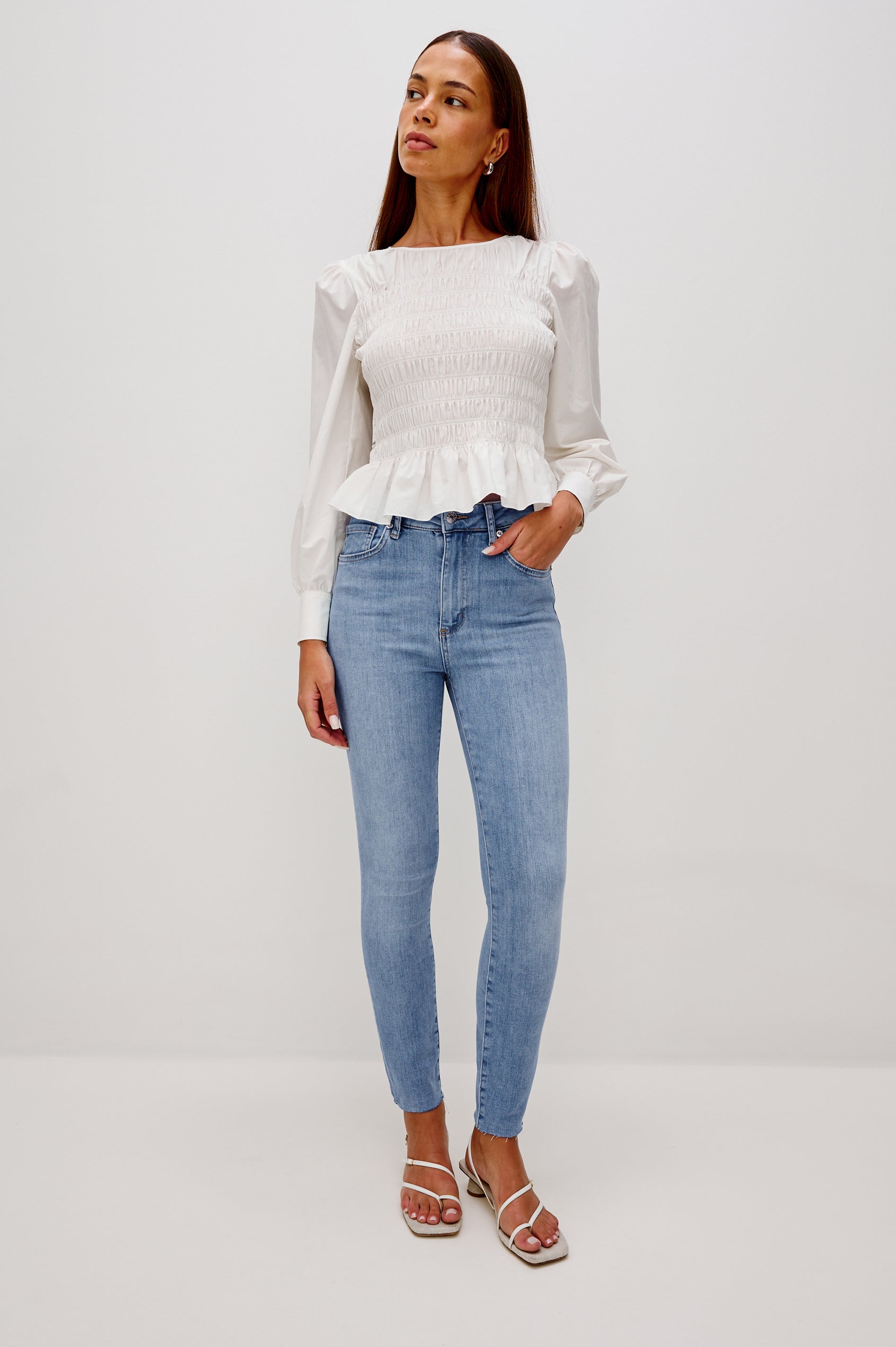 Larchmont 5-pocket skinny jean in medium-light wash tidepool. Full Body Front View Shown on Model.