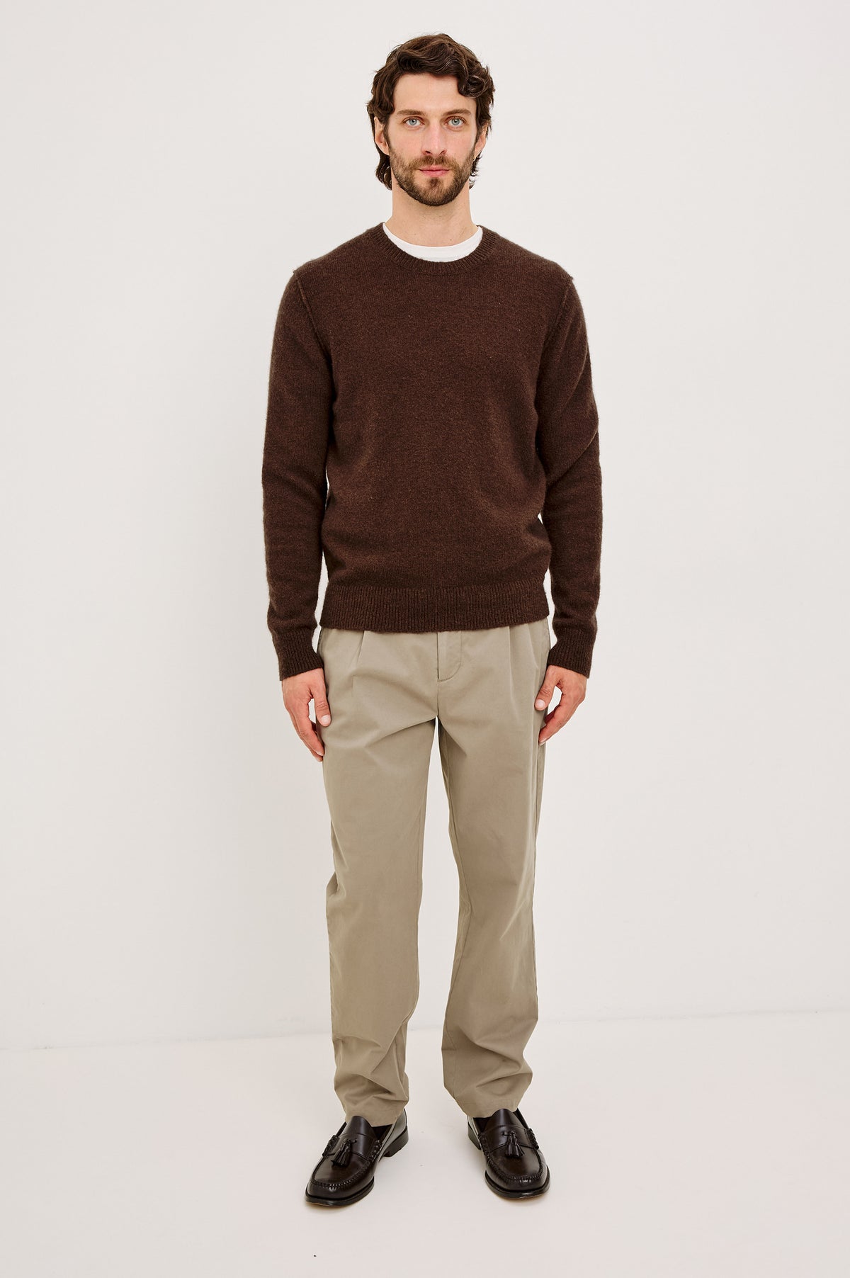Laurent Sweater in Merino Wool Cashmere Blend With Relaxed Fit, Reversed Linking Seams at Arm Holes, and Long Sleeves in Chestnut Colorway - Full Body Front View Featured on Model