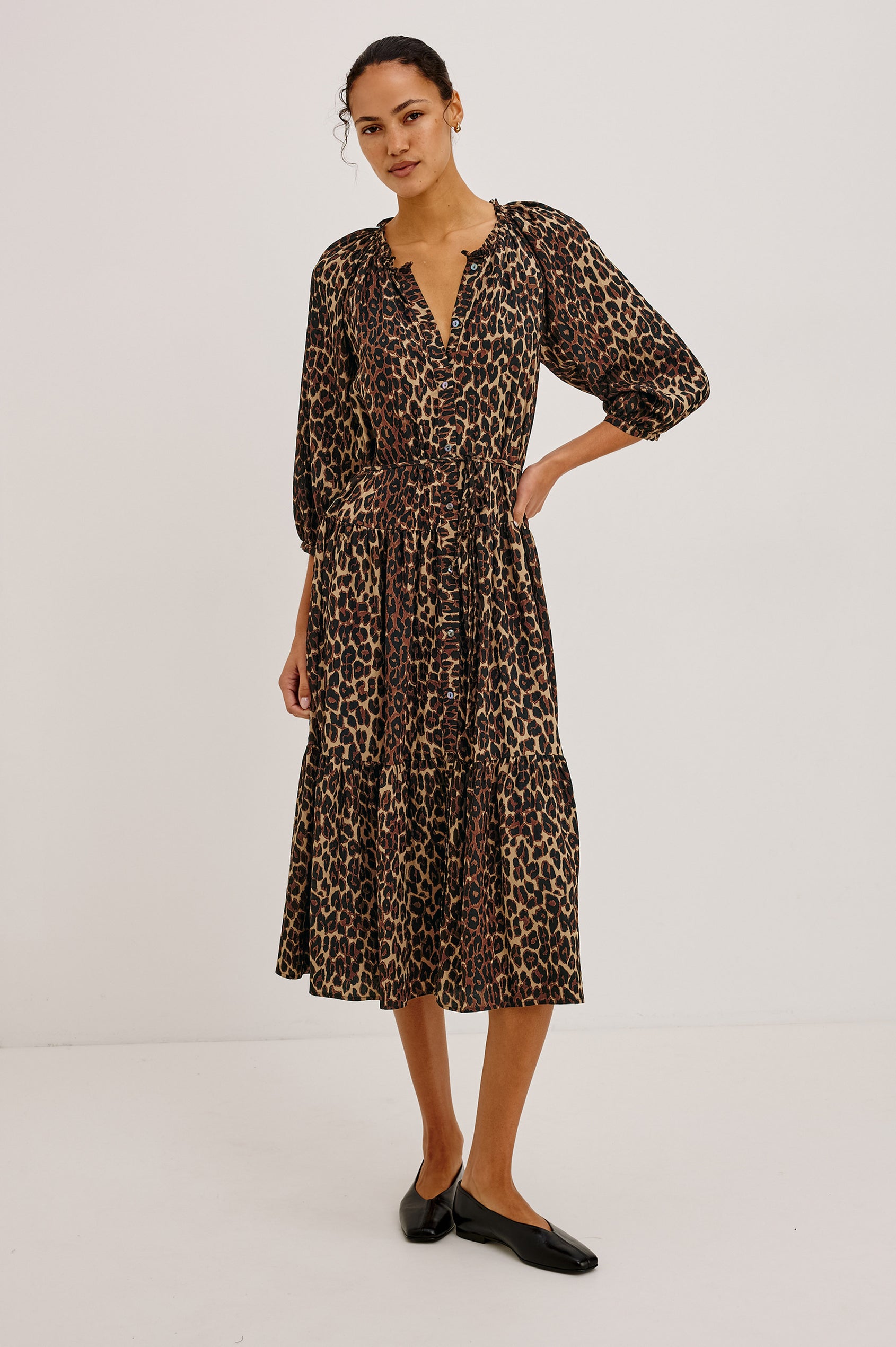Leanne Maxi Dress in Crinkle Poplin With Loose Swing Fit, Ruffle Trim Peasant Neckline, Long Balloon Sleeves, Front Buttons, and Single Tier in Brown Nala Colorway - Full Body Front View Featured on Model