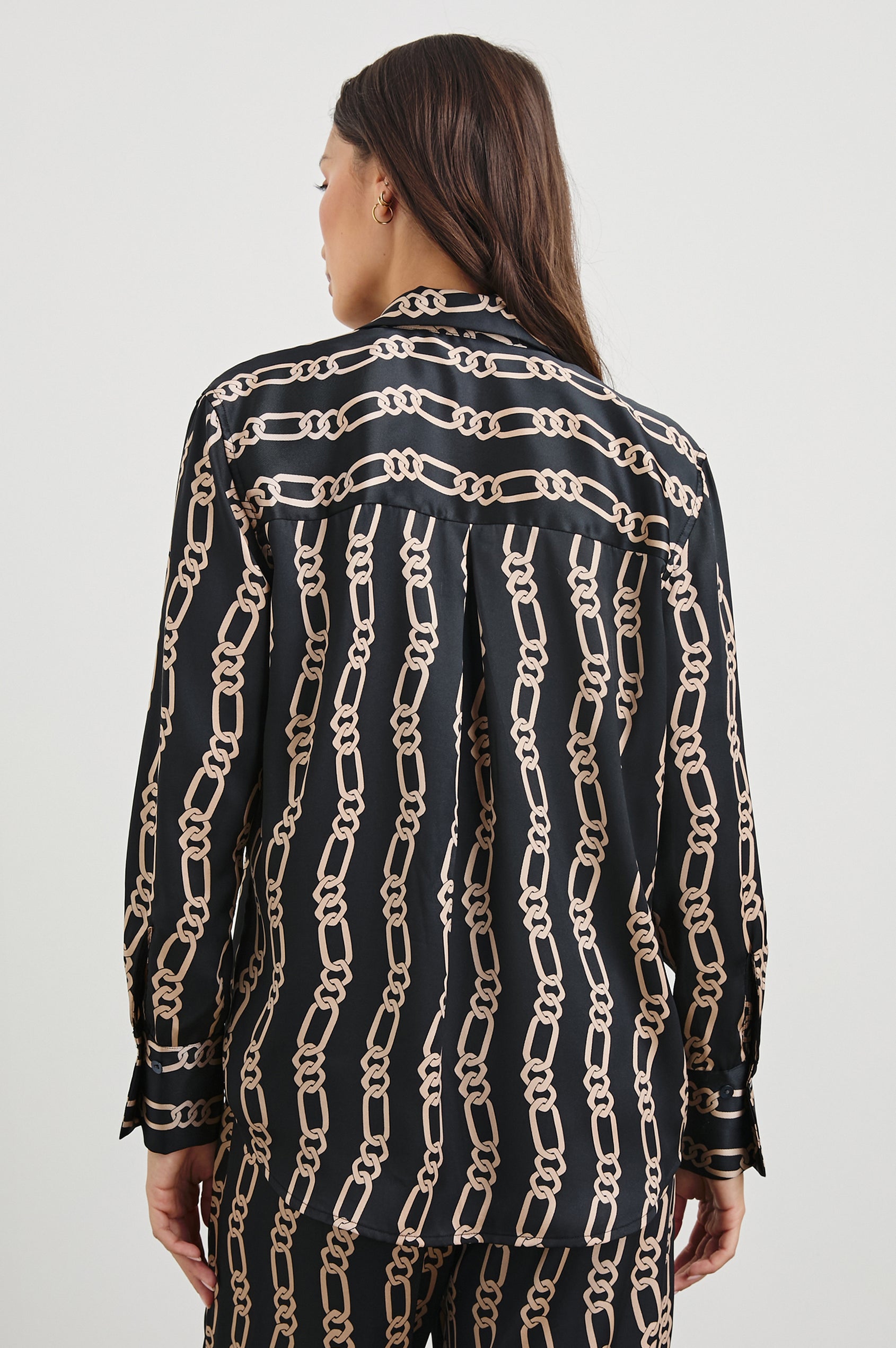 Ledger Long-Sleeve Button Down in Black Gold Link Colorway, vertical gold links on black - Back View Featured on Model